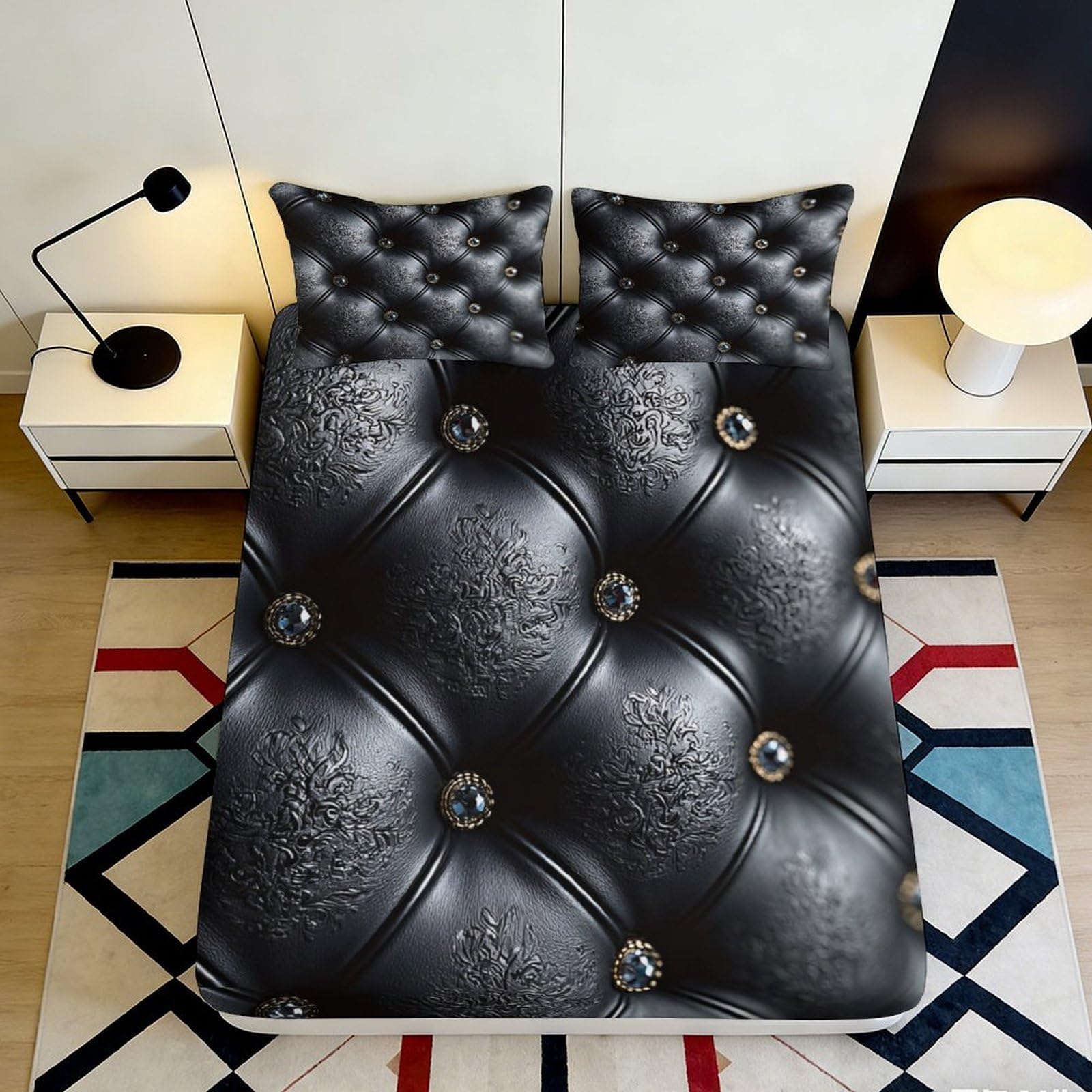 3D Printed Black Leather Pattern Fitted Sheet Microfiber Soft Breathable Embossed Button Bed Cover for Bedroom Dormitory Guest Room Mattress Protection 180x200x25cm
