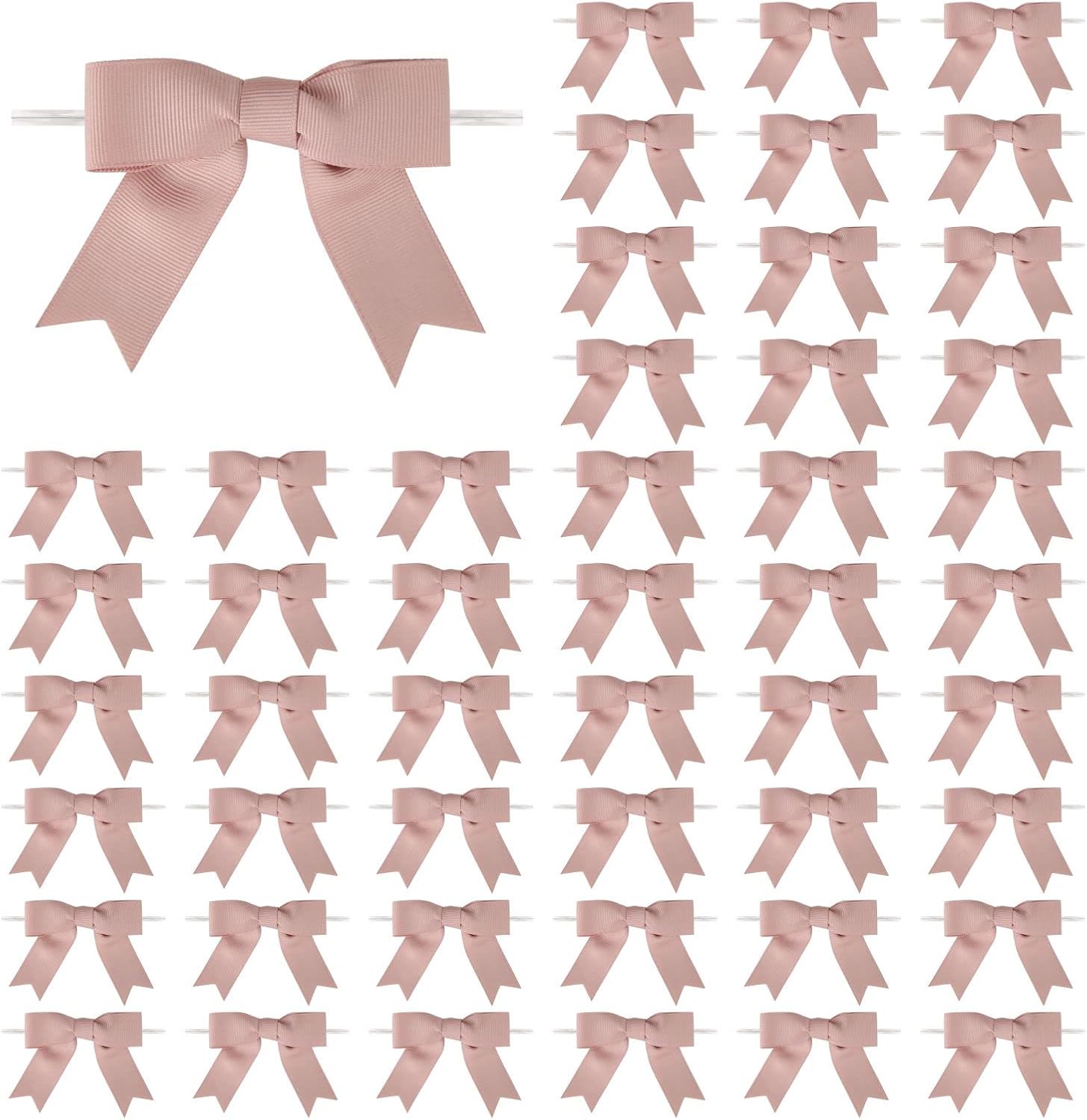 50 Pcs 3 Inches Grosgrain Ribbon Twist Tie Bows Rose Gold Pretied Bows Premade Craft Bows for Treat Bags Gift Wrapping Basket Wedding Baby Shower Brithday Christmas Party (Rose Gold)