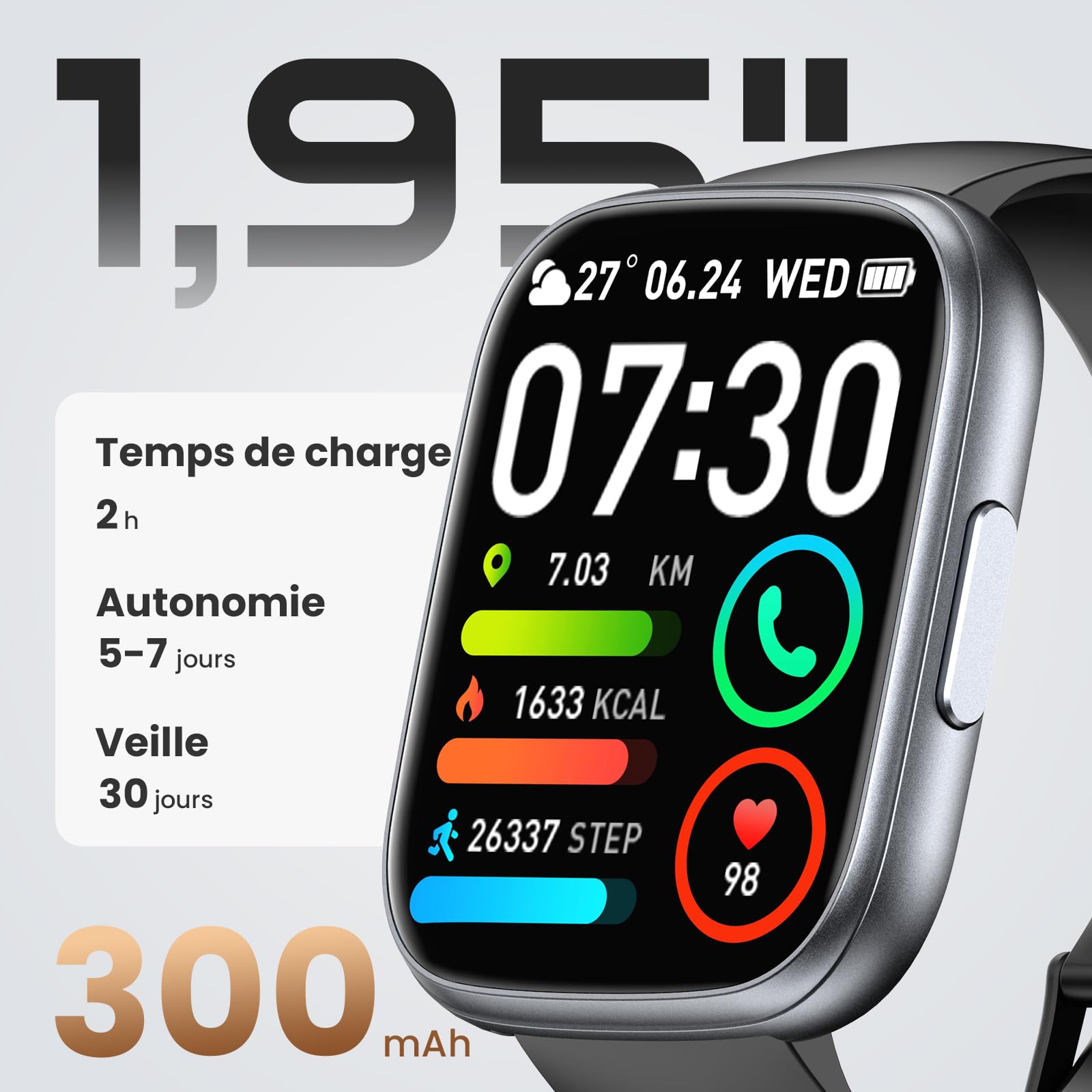 Cillso Montre Connectée 1,95" HD Smartwatch Appels Bluetooth 112 Modes Sportifs Cardiofréquencemètre SpO2 Sommeil IP68 Android iOS