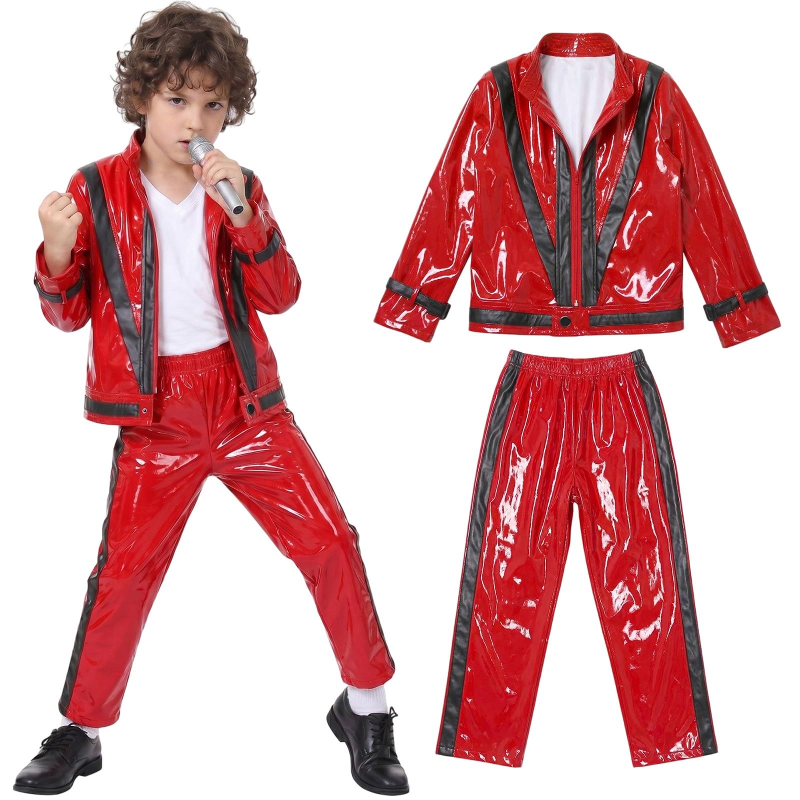 Pop Star Costume for Kids 80s 90s Disco Outfit Sequin Jacket Pants Hat T-Shirt Gloves Sunglasses Necklace Fancy Dress Costume for Halloween Cosplay Party World Book Day 3-12 Years