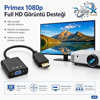 PrimeX PX-1240S HDMI to VGA Çevirici Adaptör, 30 cm Dijital Görüntü Dönüştürücü, HDMI Erkek VGA Dişi, Full HD Destekli Siyah Kablo Aparatı, PC Laptop Projeksiyon Monitör Uyumlu