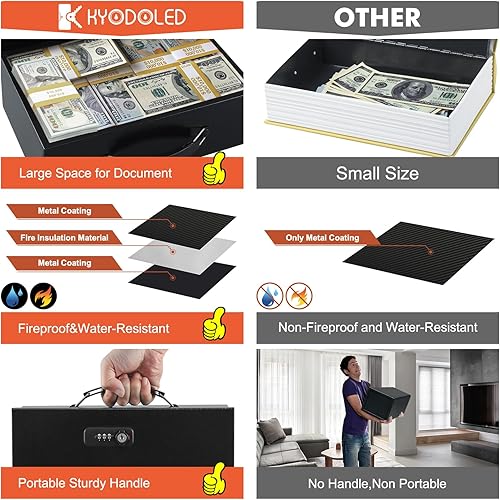 Vista 21 de KYODOLED Caja de documentos ignífuga con cerradura de llave, caja de almacenamiento grande y segura para objetos de valor, caja de seguridad Negro