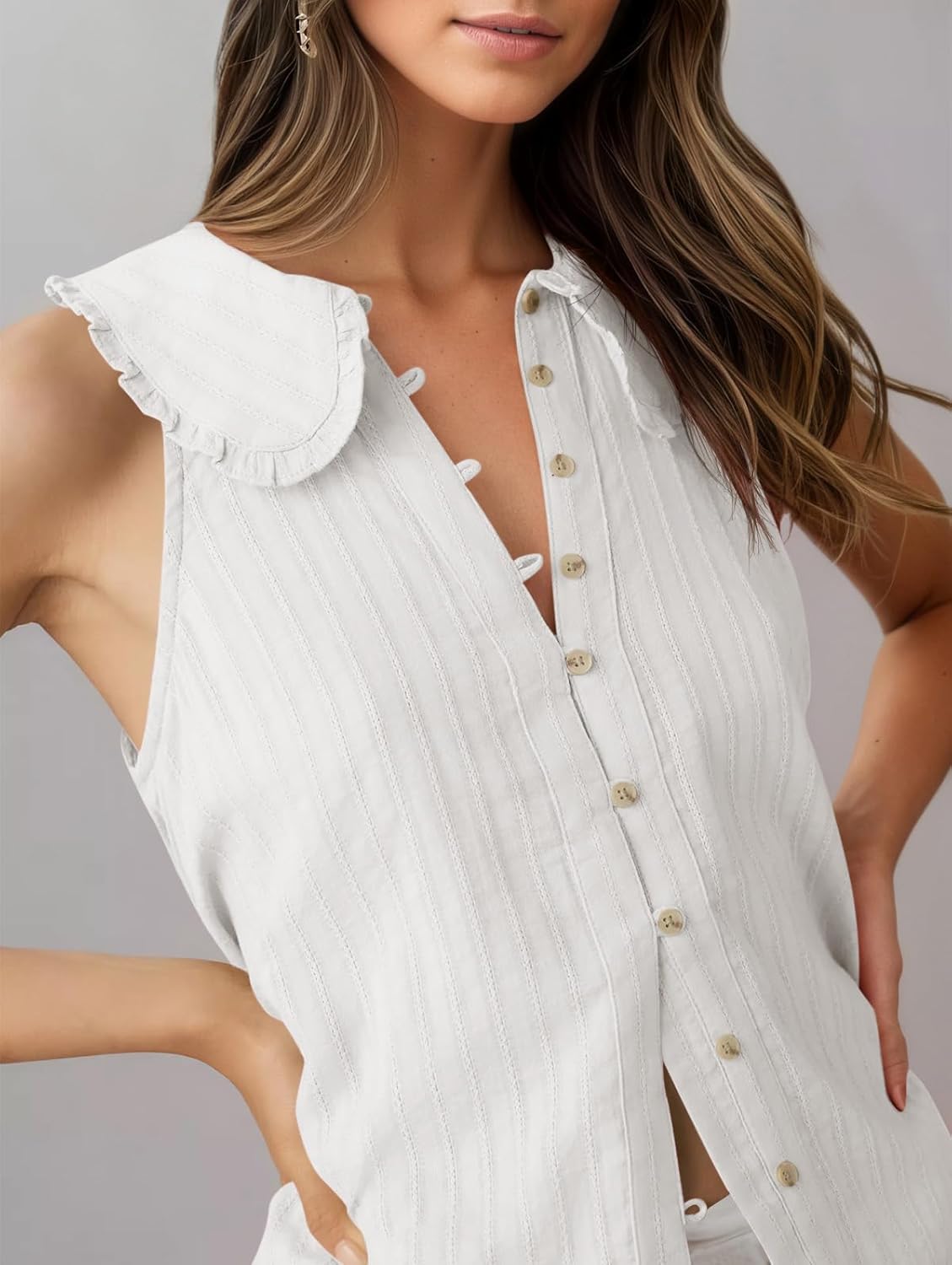 Tankaneo Womens Peter Pan Collar Shirt Summer Casual Sleeveless Button Down Tops Loose Fit Eyelet Hem Vest - Image 2