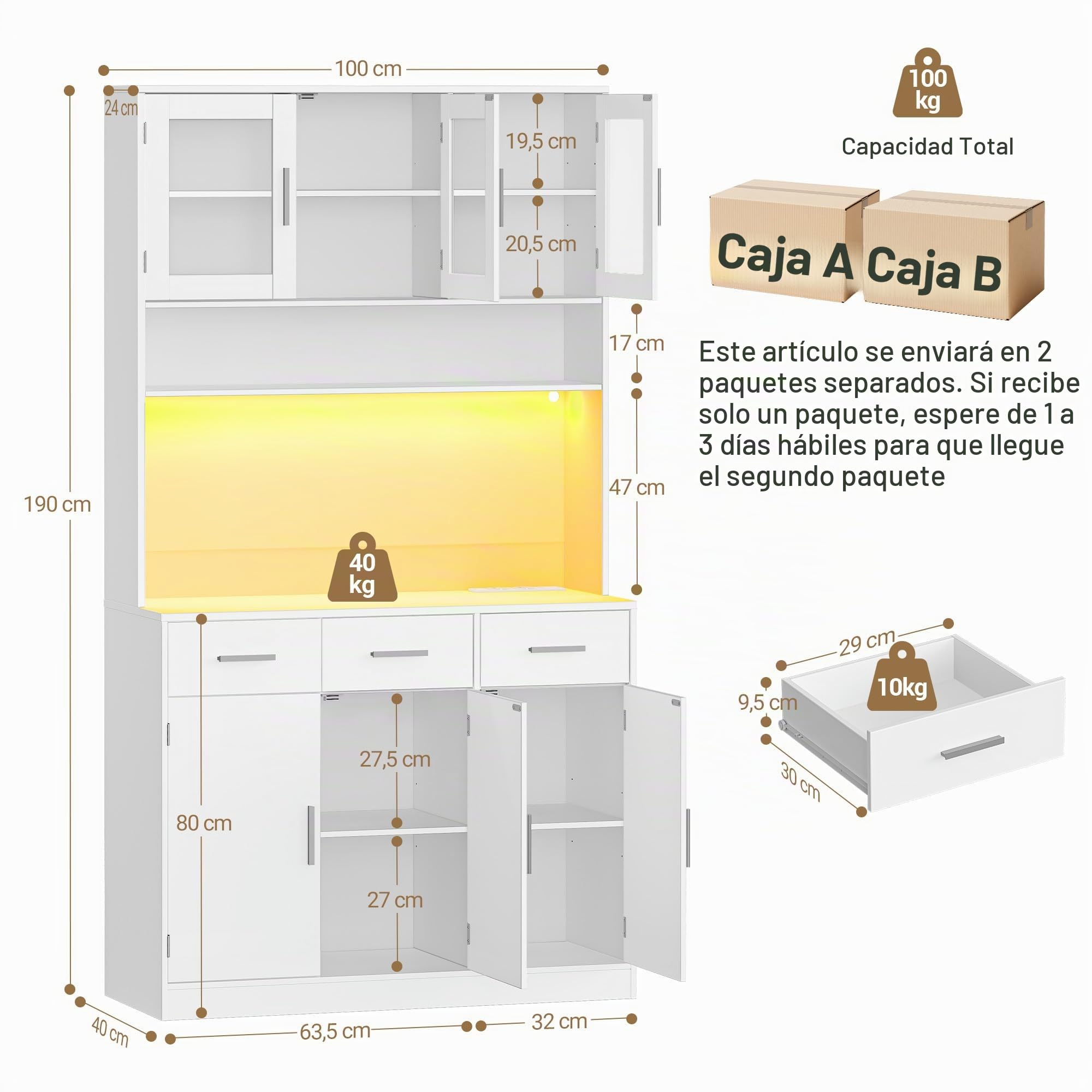 Hzuaneri Alacena de Cocina Alto, Mueble Cocina, 40 x 100 x 190 cm, Blanco