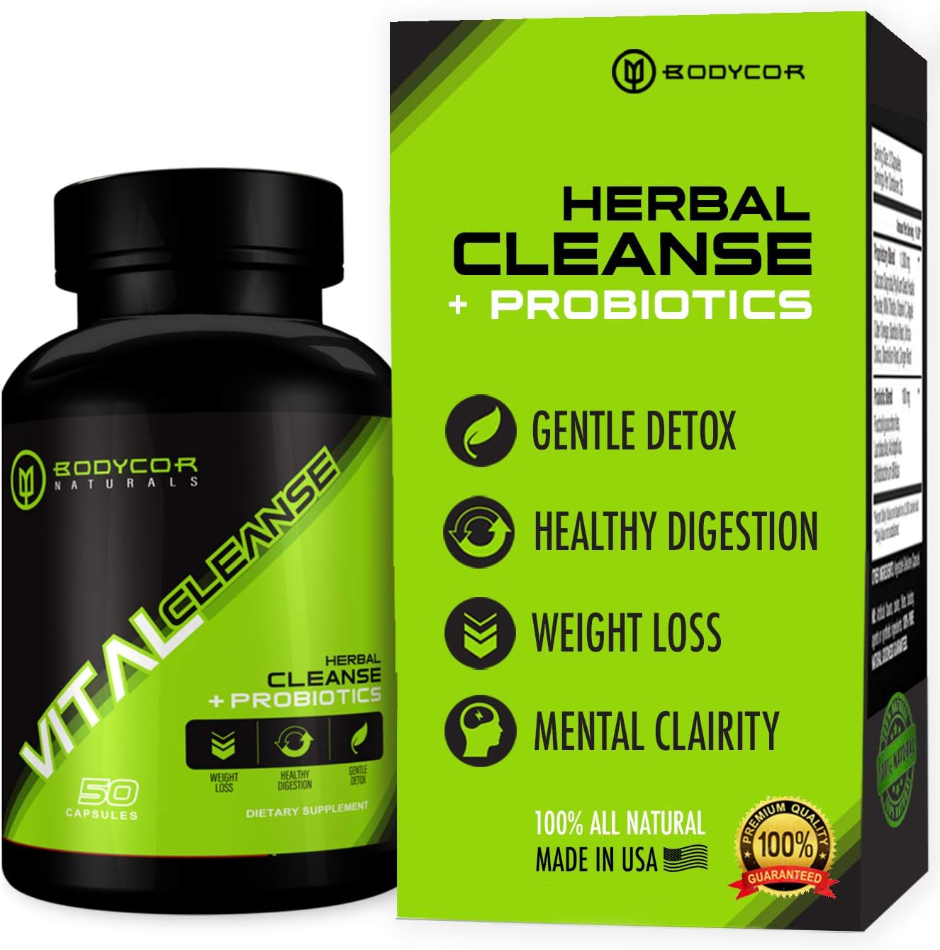 Bodycor VitalCleanse Herbal Detox + Probiotics (50 Capsules), All Natural Supplement for Healthy Weight Loss, Eliminate Excess Waste and Toxins, Boost Metabolism, Rejuvenate and Energize