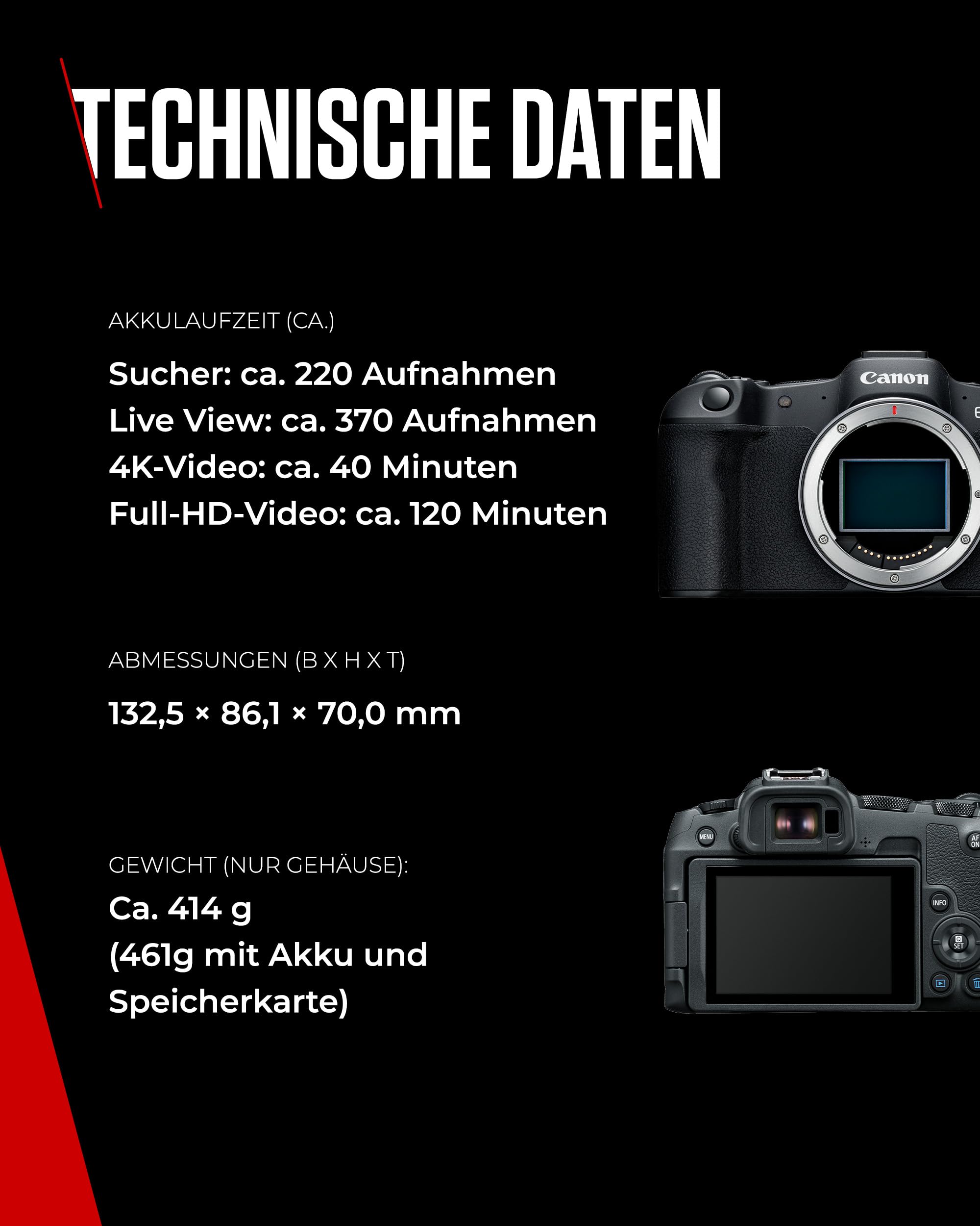 Canon EOS R8 Gehäuse 24,2 MP Vollformat-Systemkamera Dual Pixel CMOS AF II 4K 60p 40 B/s Touchdisplay WLAN Bluetooth USB-C