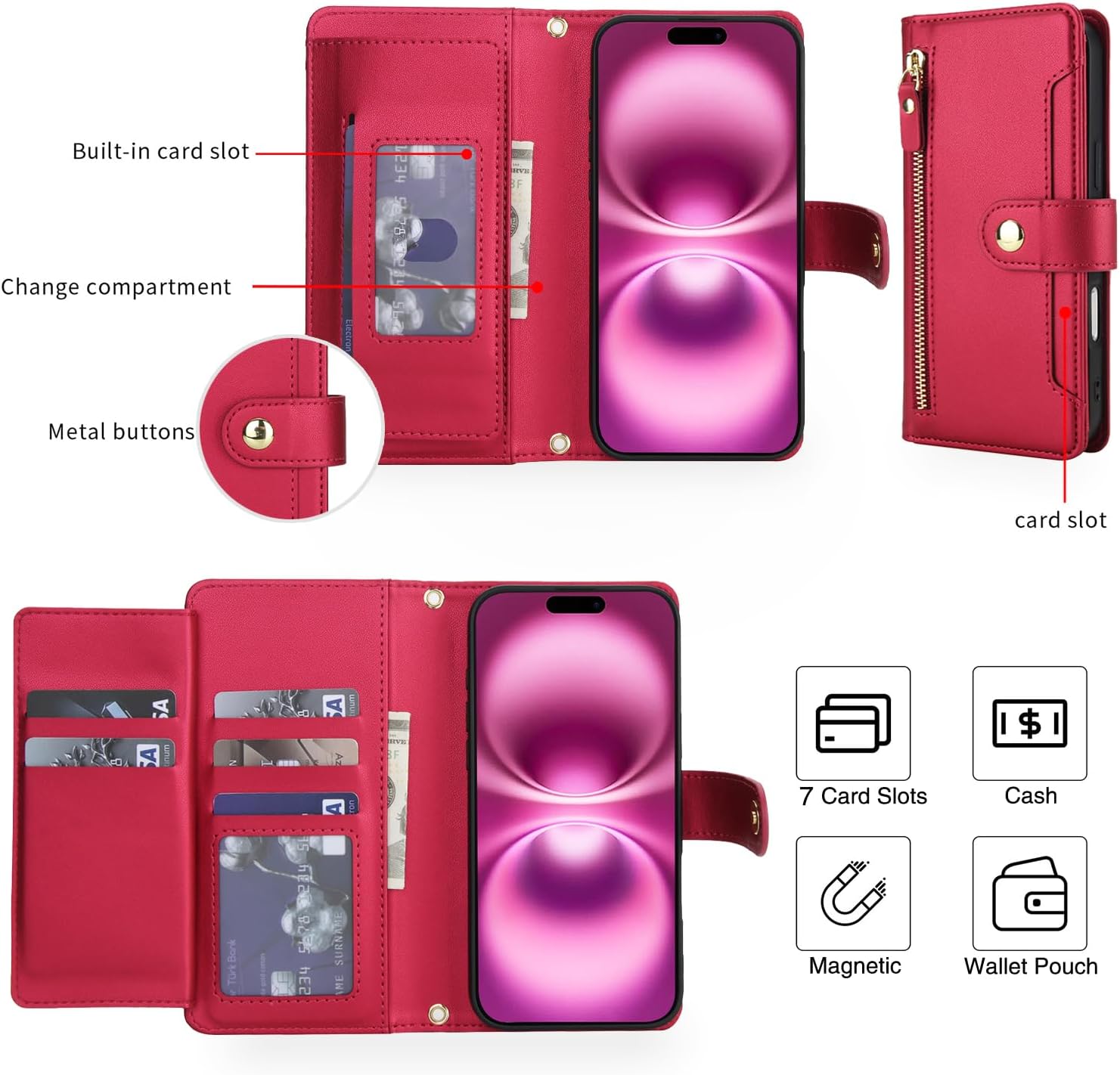 Asuwish Phone Case for iPhone 17 6.3 inch Zipper Wallet Cell Cover, with Tempered Glass Screen Protector and Crossbody Wrist Strap, Kickstand Credit Card Holder i Phone17 i17 17Case Women Girls Red