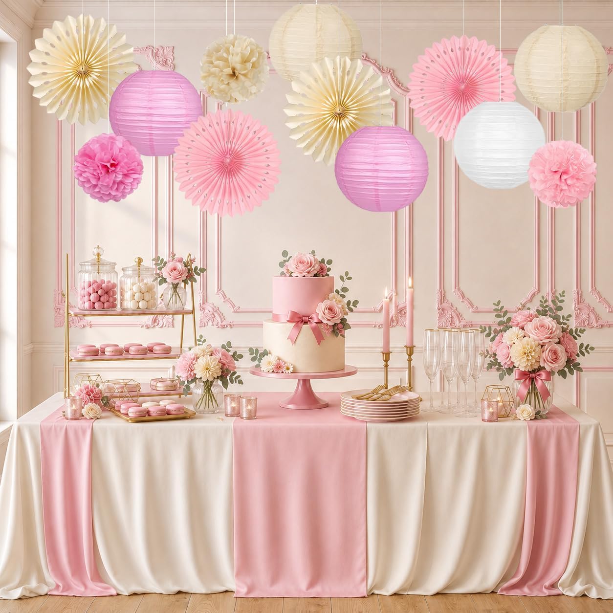 Pink and Beige Party Decorations Set, Hanging Paper Lanterns, Tissue Paper Pom Poms and Paper Fans for Baby Shower, Birthday, Wedding and Bridal Shower Party Decor