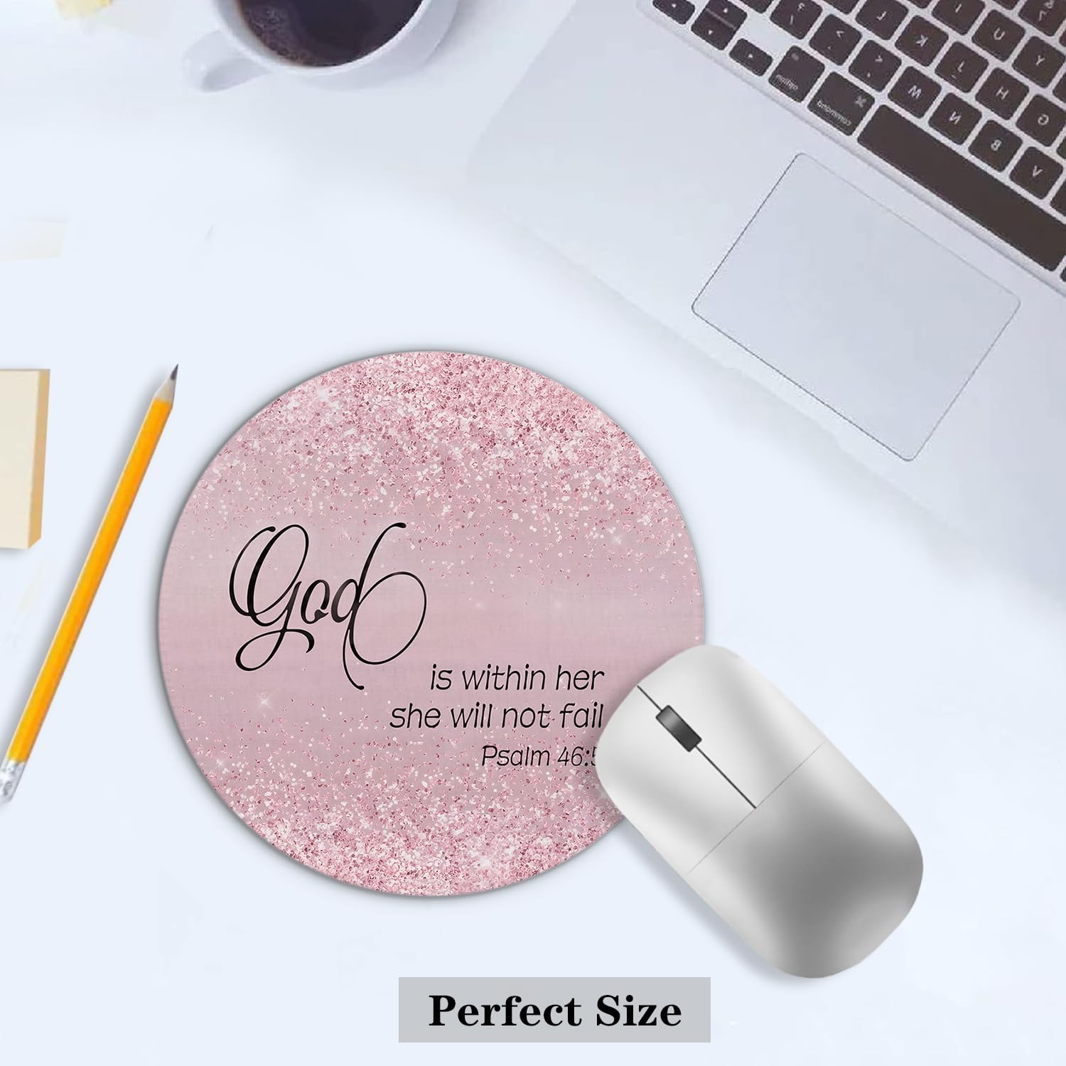 God is Within Her She Will Not Fail Pink Glitter Christian Mouse Pad for Desk, Pink Bible Verse Mousepads for Wireless Mouse Computers Laptop Home Office Supplies Accessories, 7.9x7.9 Inch image 4