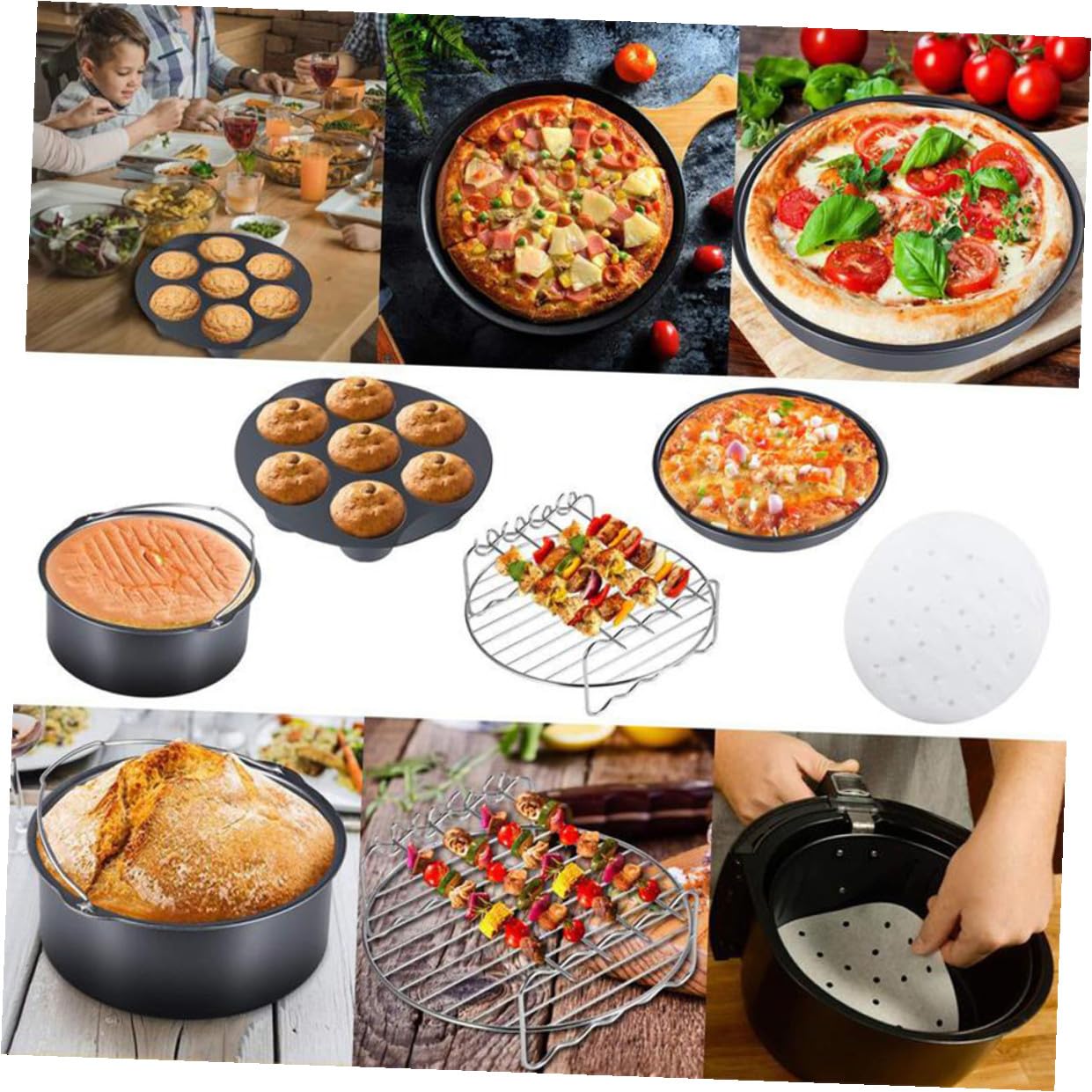 5 Stück Küchenzubehör für Heißluftfritteusen aus Edelstahl Backutensilien mit Backkorb und Grillplatte Umweltfreundlich und Wiederverwendbar für Pizza und Mehr