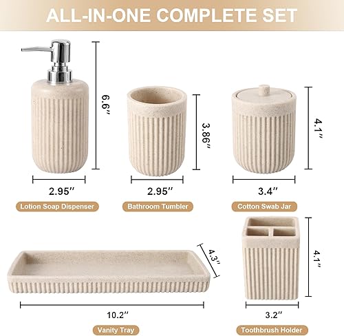 Miniatura 2 de Juego de 5 accesorios de baño de resina beige, dispensador de jabón de loción, soporte para cepillos de dientes, vaso de baño, tarro de hisopo de