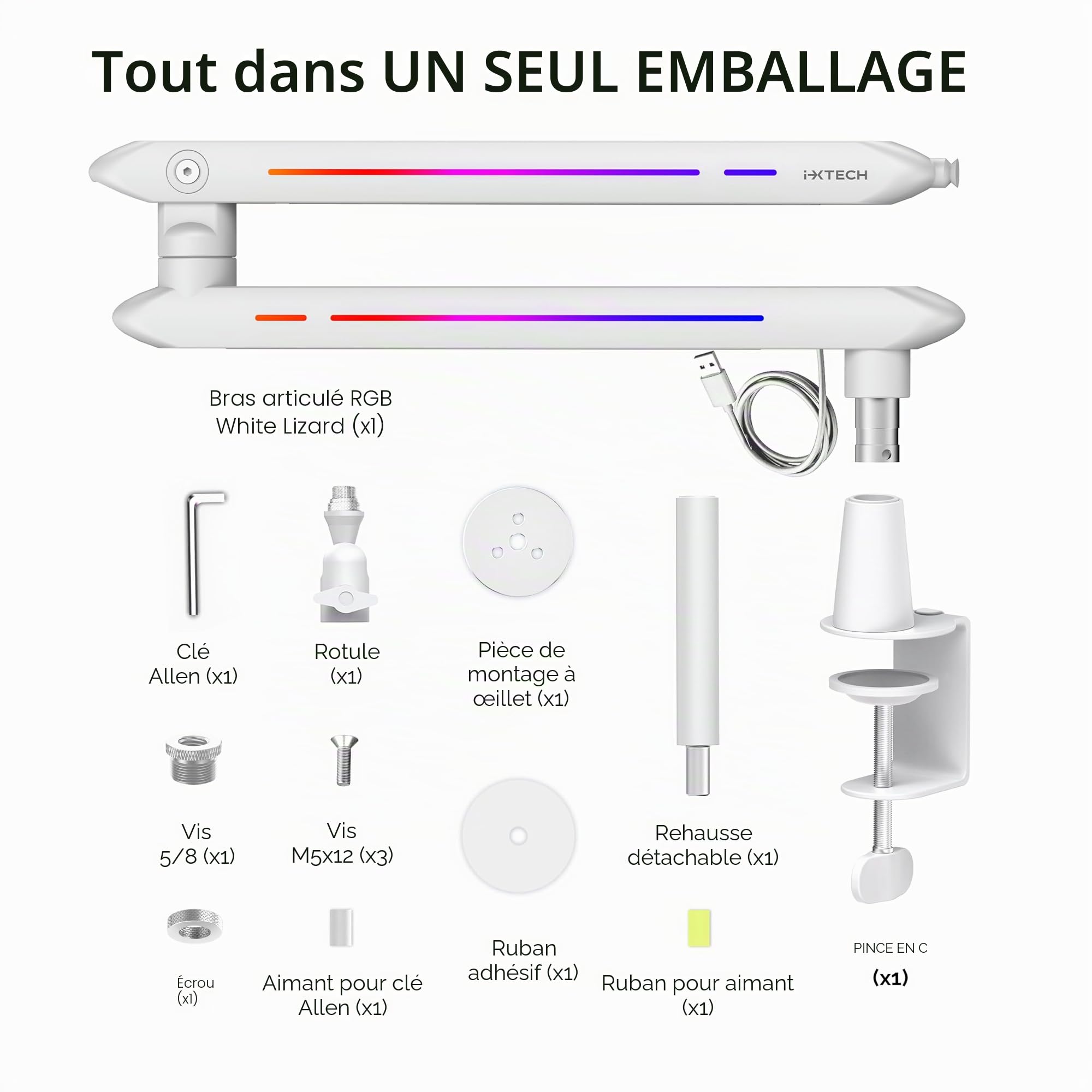 IXTECH Bras de microphone RVB à profil bas pour micro, support de microphone réglable avec pince de fixation de bureau, bras rotatif avec gestion des câbles pour podcast, streaming, studio de jeu