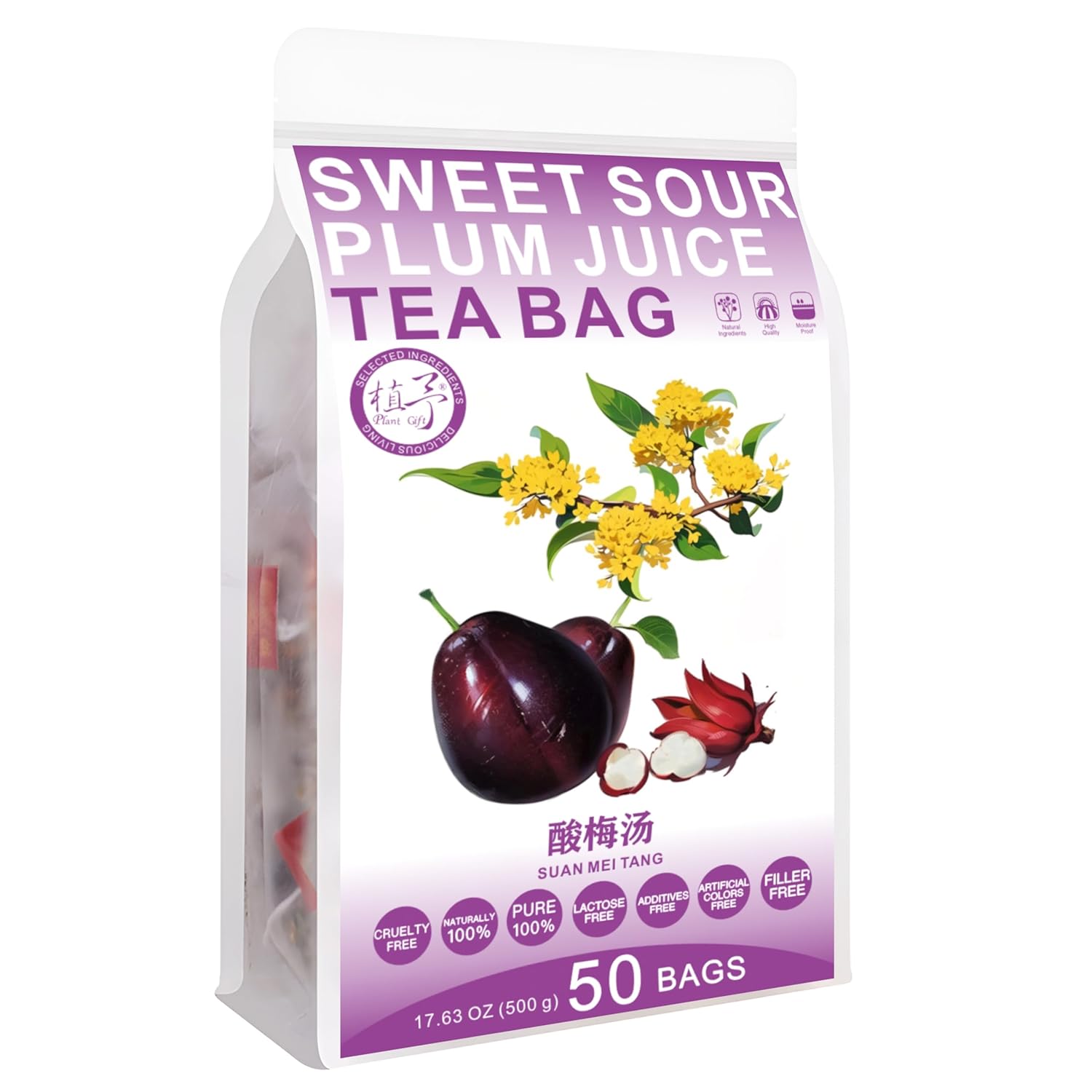 Plant Gift Sweet Sour Plum Juice Tea Bags 17.6oz (10g*50bags), Osmanthus, Roselle, Hawthorn Chinese Pure Nature, Health Care Mixed Tea, Combination of Floral Tea 500g 酸梅汤