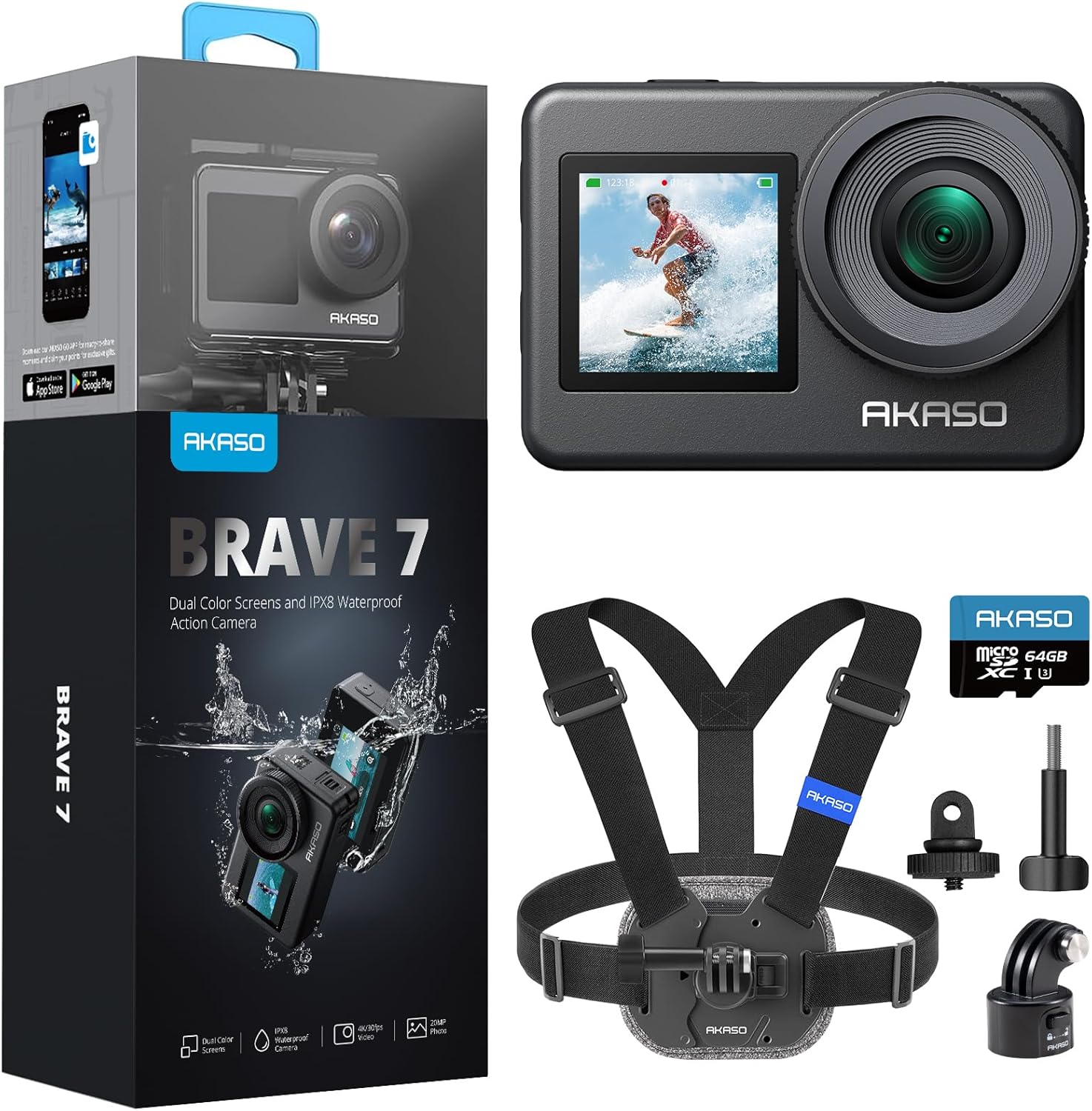 AKASO Brave 7 Action Camera with MicroSDXC U3 Card and Quick Release Chest Strap Accessories Kit Bundle