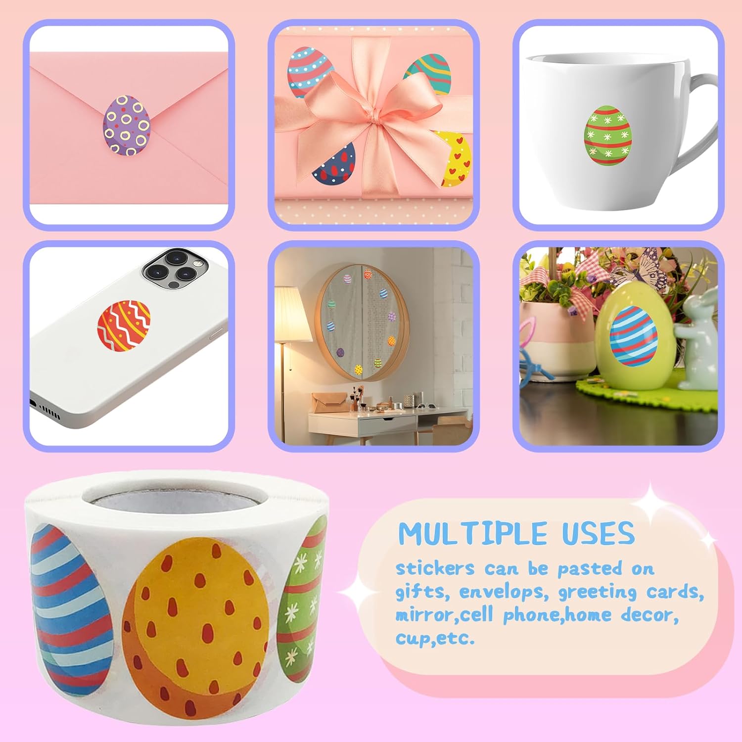 Easter Stickers Roll Easter Egg Stickers 500 PCS Colorful Egg Pattern Decals Gift Decorations to Decor Envelope Cards Boxes Holiday Party Supplies