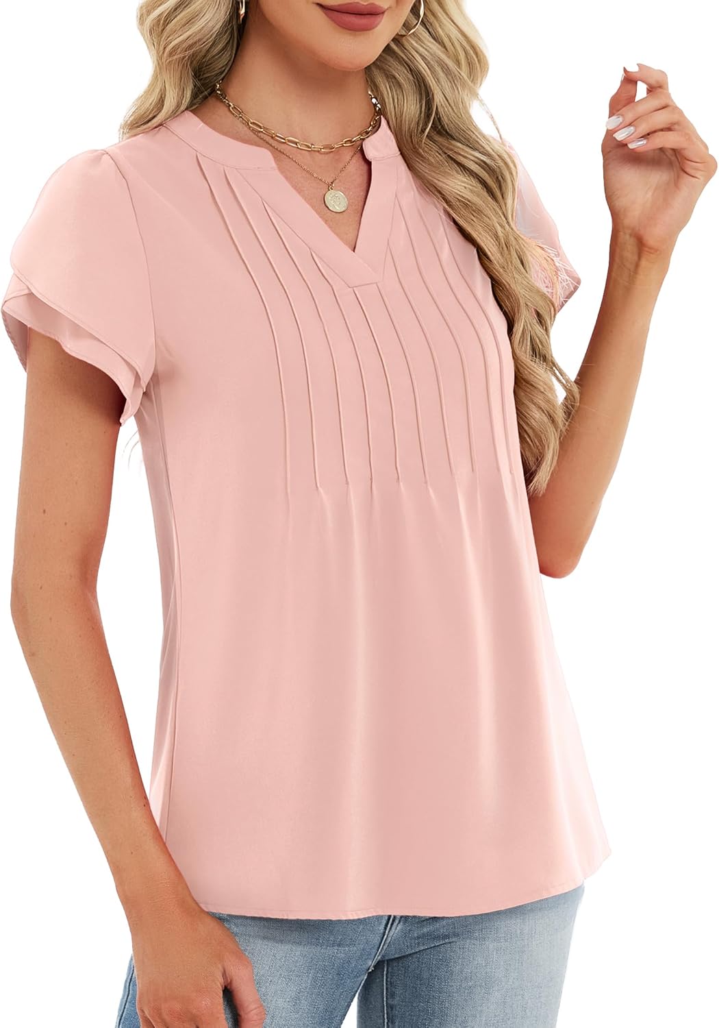 Funlingo Womens Tops Short Petal Sleeve V Neck Blouses Fashion 2026 Spring Dressy Casual Pintuck Work Shirt - Image 4