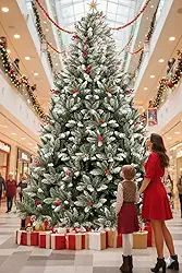 Arvore de Natal 320 cm, 3300 Galhos, Arvore de Natal 3,20m Luxo, Árvore de Natal Grande, Decorada com Ramos com Efeito Gelado, Pinhas Naturais e Cerejas Realistas e Neve, Adequado centros comerciais