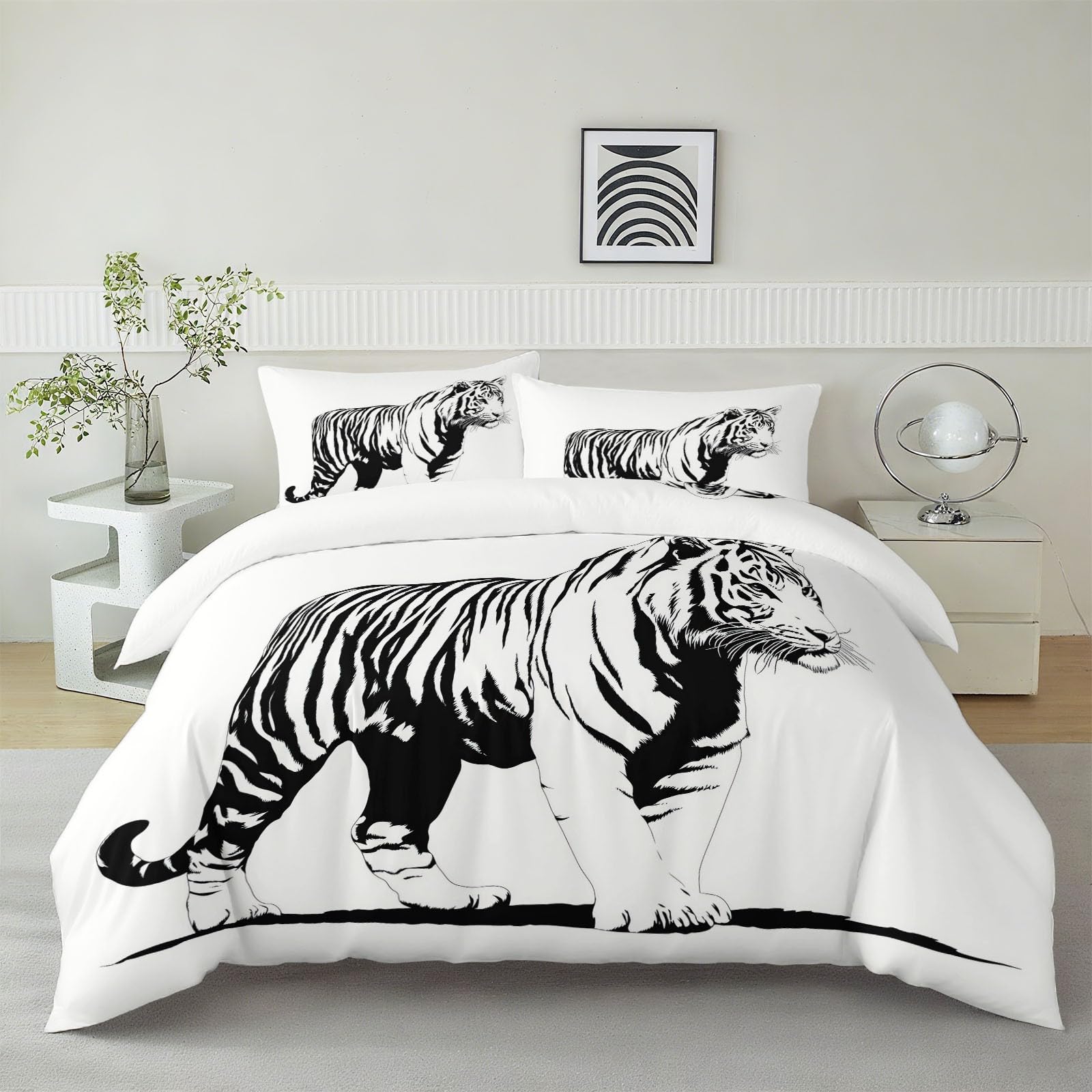 Housse de couette 200x200 tigre blanc réversible en microfibre