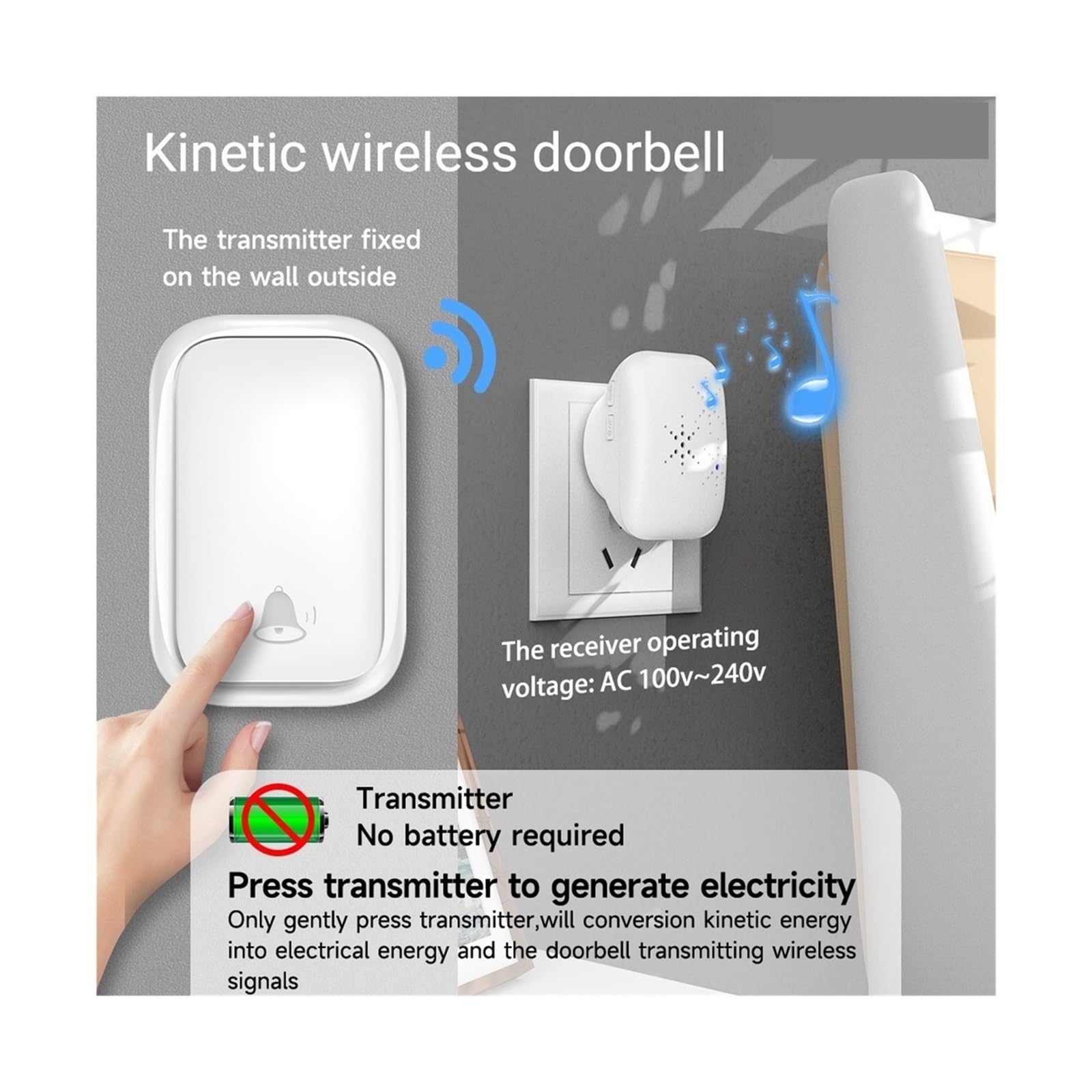 Sonnette sans fil cinétique autogénératrice(White 1 key 3 bells,EU Plug)