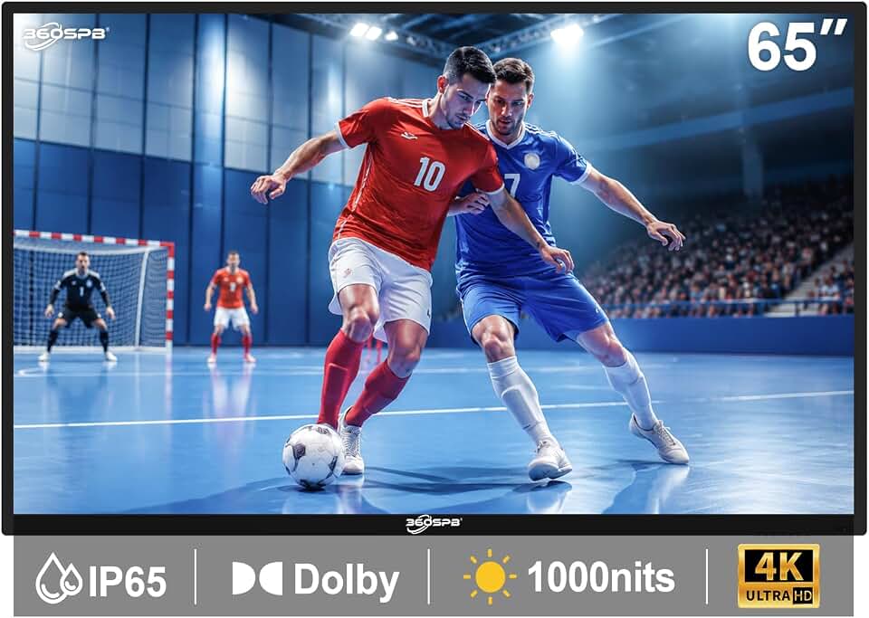 360SPB 65Inch Outdoor TV, 4K Waterproof Outside TV, 1000nits Ultra-High Outdoor Television,IP65 Waterproof TV,Smart TVs with Voice Assistant Remote, Outdoor Tvs for Patios