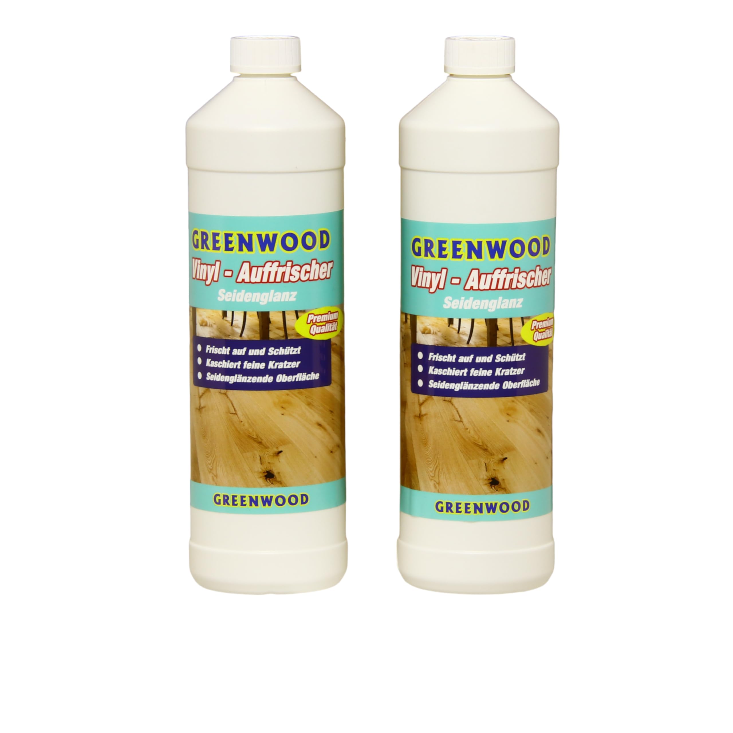 Greenwood Sparset 2x1Liter - Vinyl Boden Auffrischer Seidenglanz - Auffrischer für die Pflege und Schutz von Vinyl Böden- Kaschiert Kratzer - Auch für PVC, CV Böden bestens geeignet.