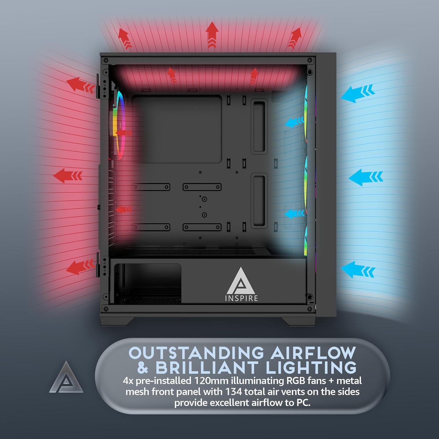 Apevia Inspire-BK Inspire Mid Tower ATX Gaming PC Case w/ 4X 120mm ARGB Fans, 366 RGB Light Modes, 1x Metal Mesh Airflow Front Panel, 1x Door Swivel Style Magnetic Glass Side Panel, 2X USB3.0, Black