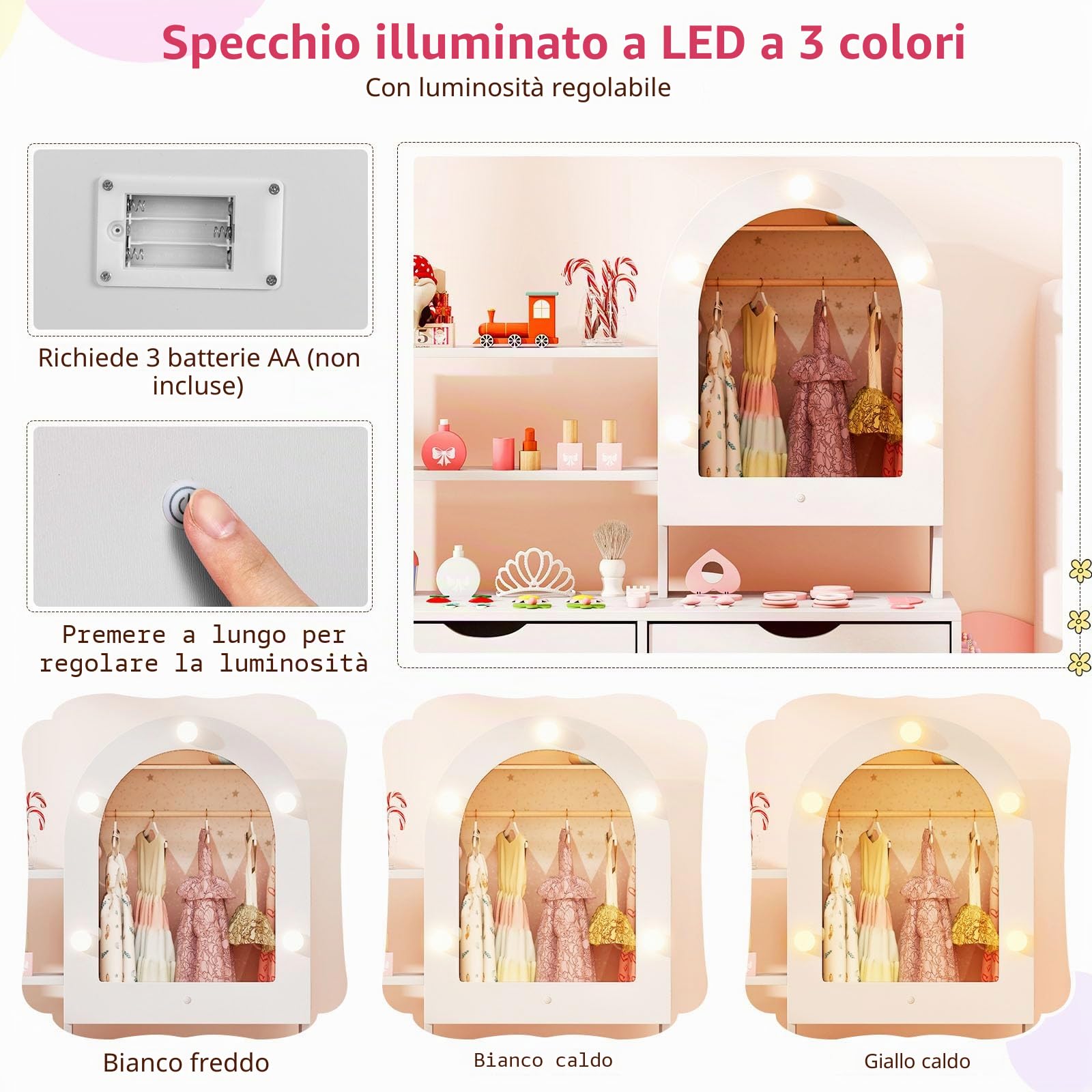 LIFEZEAL Specchiera Trucco per Bambina 3+Anni, con Luci, Sgabello, Sedia, Specchio, Tavolo Toeletta, Postazione Makeup, con 3 Cassetti, Armadietto, Mensole, Accessori, in Legno, Cameretta (bianco)