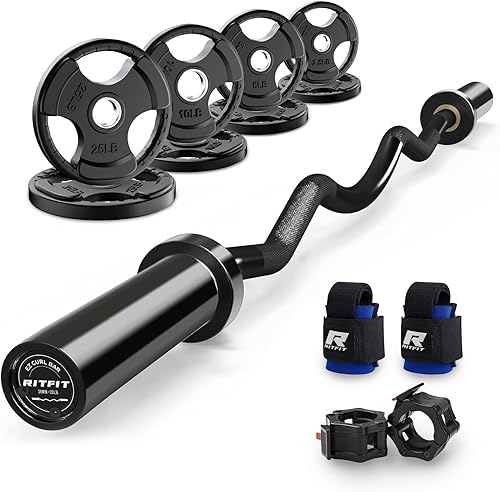 Miniatura 18 de RitFit Barra de rizo EZ de 2 pulgadas con pesas, barra olímpica de capacidad de 350 libras para bíceps y tríceps, entrenamiento de fuerza de