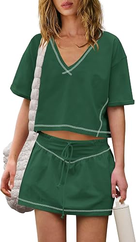 Panadila Women's Workout Skirt Set 2 Piece Crop Top and Skort Dark Green M