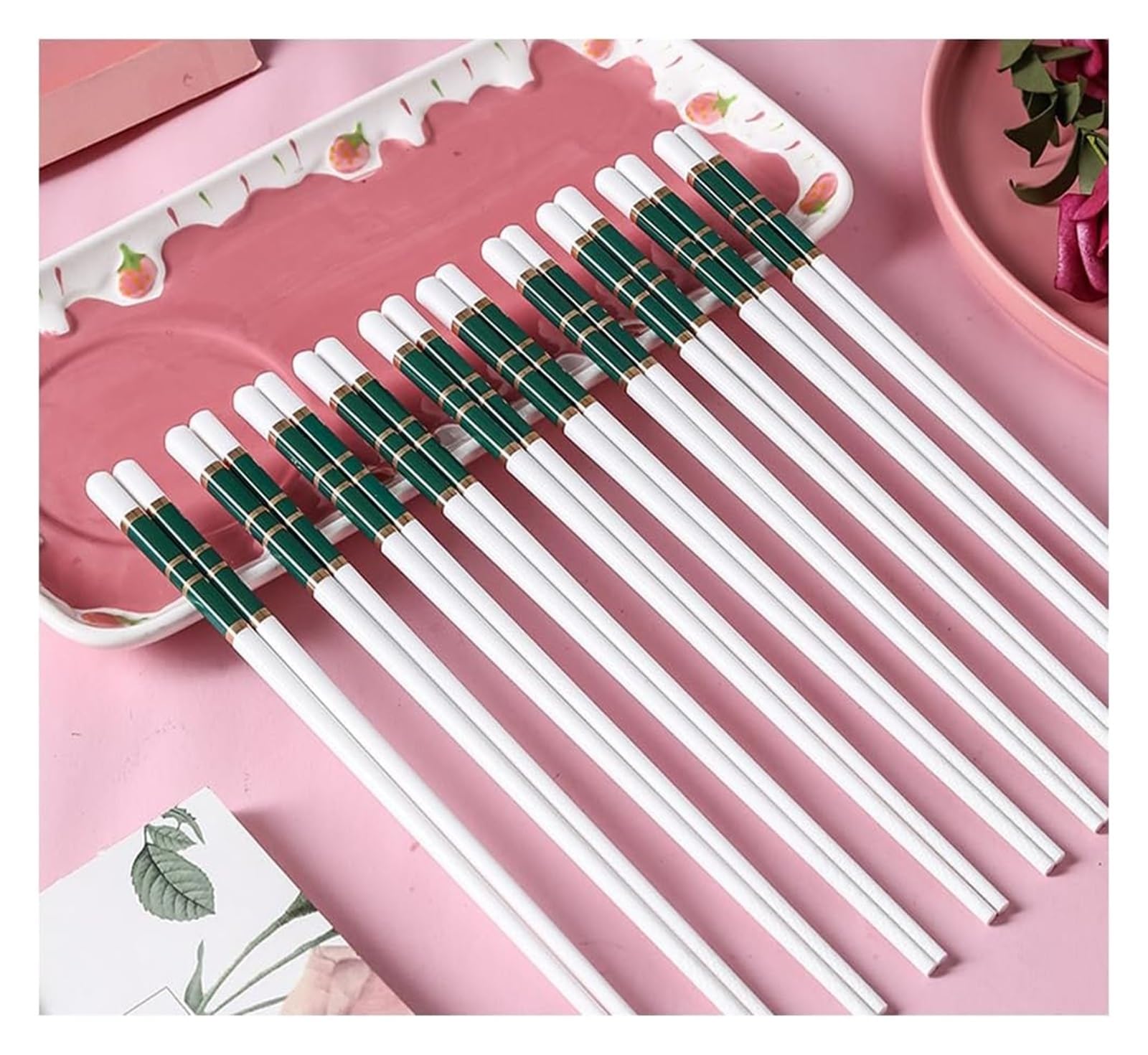 Baguettes en céramique, Baguettes réutilisables en porcelaine rose mignon, coffret cadeau de 10 paires baguettes premium avec étui(Green)