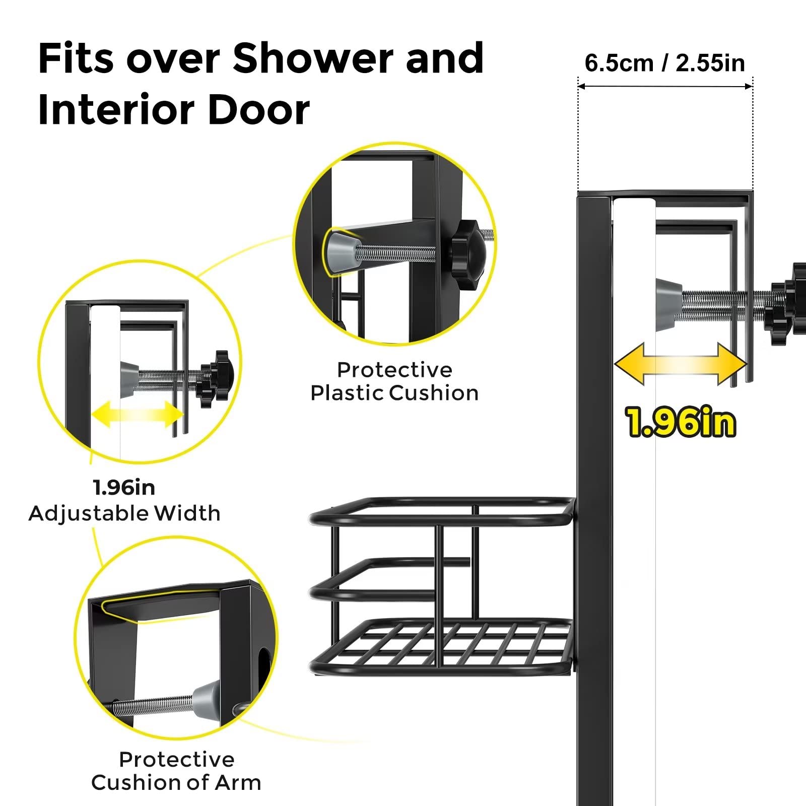 ODesign Adjustable Shower Hanging Organizer with 4 Detachable Hooks, Rust Proof over Door Bath Caddy 3 Tiers —— Black