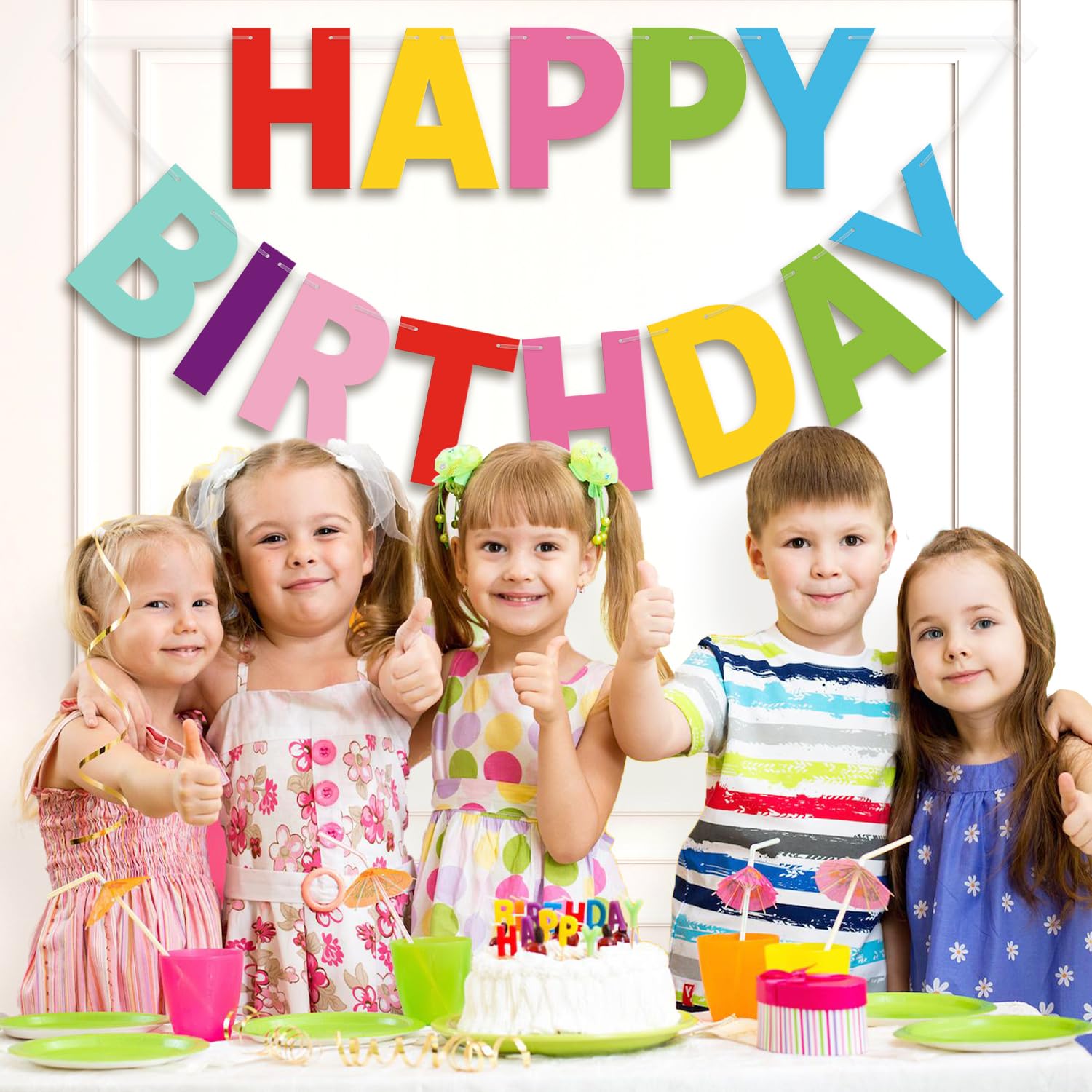 LITAUS, Kolorowy baner "Happy Birthday" – wstępnie nakręcony, 2,7 m, bez majsterkowania, znak "Happy Birthday", dekoracja urodzinowa, baner urodzinowy dla kobiet, dziewcząt, dzieci