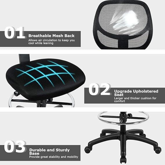 Giantex Drafting Chair Tall Office Chair with Back, Height Adjustable Home Office Chair on Wheels, Ergonomic Computer Standing Desk Chair with Footrest Ring for Bedroom, Black