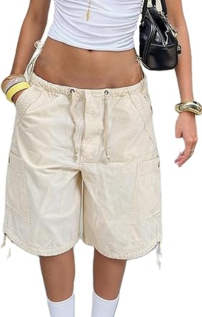 Womens Baggy Denim Cargo Shorts Knee Length Elastic Waist Drawstring Multi-Pocket Bermuda Shorts Y2K Streetwear