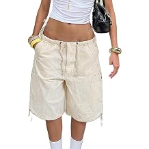 Womens Baggy Denim Cargo Shorts Knee Length Elastic Waist Drawstring Multi-Pocket Bermuda Shorts Y2K Streetwear