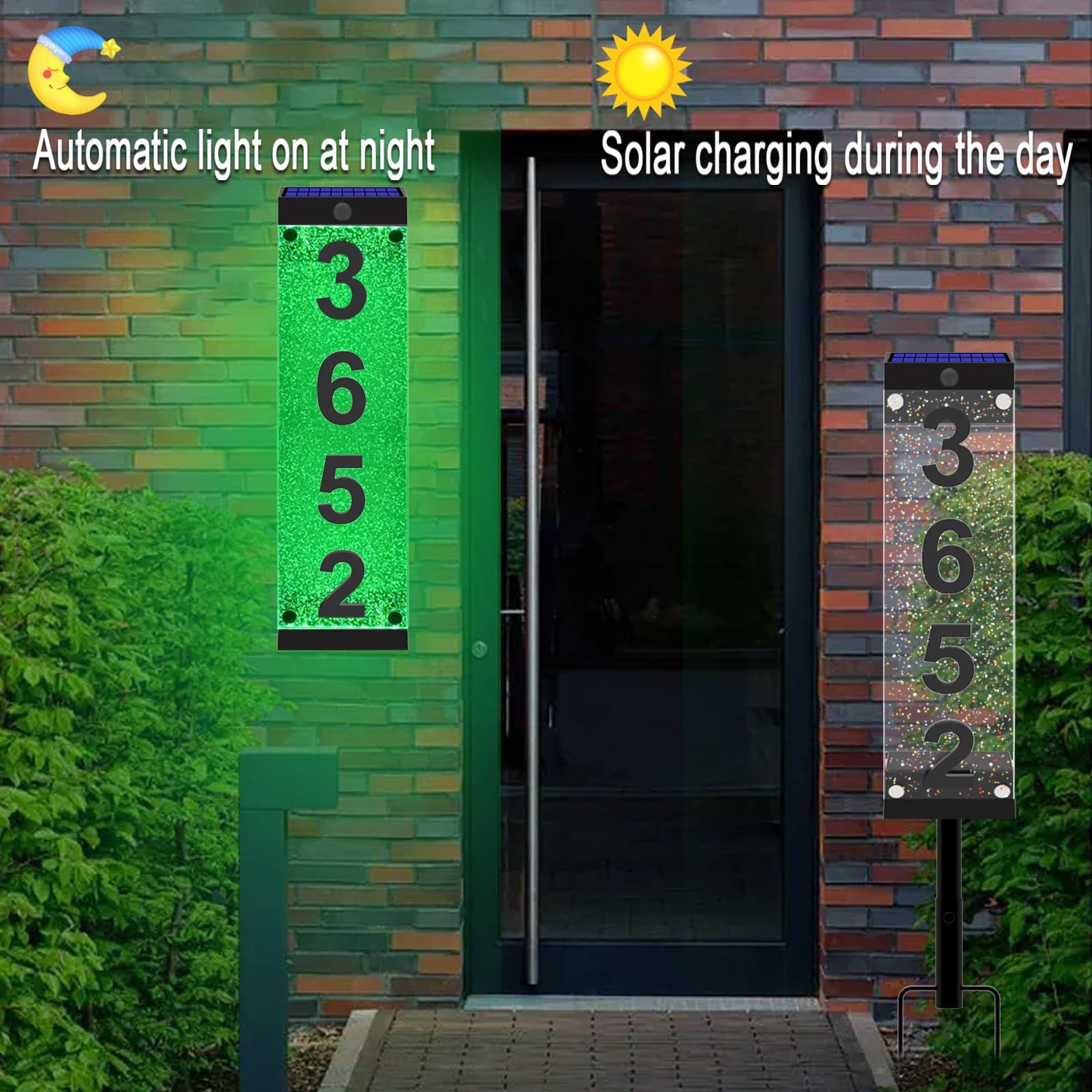 Solar-Hausnummern für draußen, Acryl-Solar-Adressschild mit Eisenpfähle, wasserdichte RGBW-Farbwechsel-Fernbedienung, beleuchtete, moderne Adresstafel, solarbetrieben für Straße, Hof, Haus