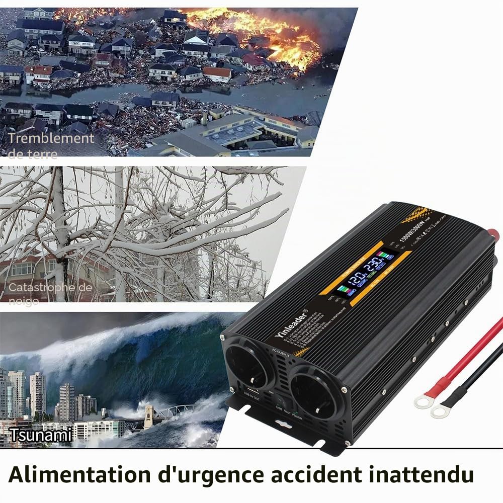 Yinleader Convertisseur 12V 24V à 220V 230V 1500W (3000W Crête), Onduleur Voiture Camion Auto-Détection avec 2 Prises EU, Écran LCD, USB, Idéal pour Camping-Car et Voyage