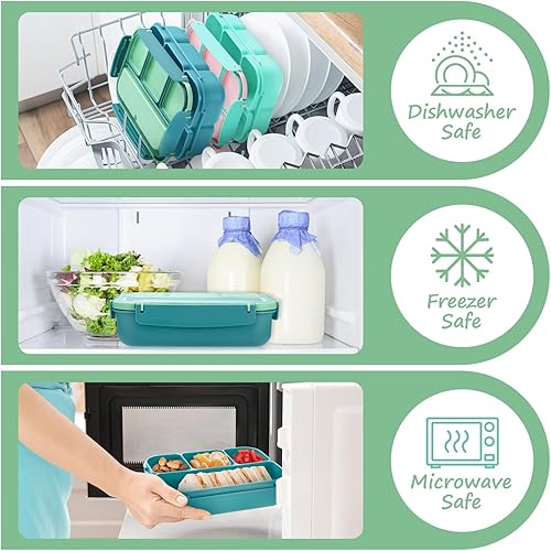 Miniatura 6 de QQKO Lonchera Bento para niños y adultos, lonchera escolar para niños y niñas, contenedores con 4 compartimentos, contenedor de salsa, utensilios,