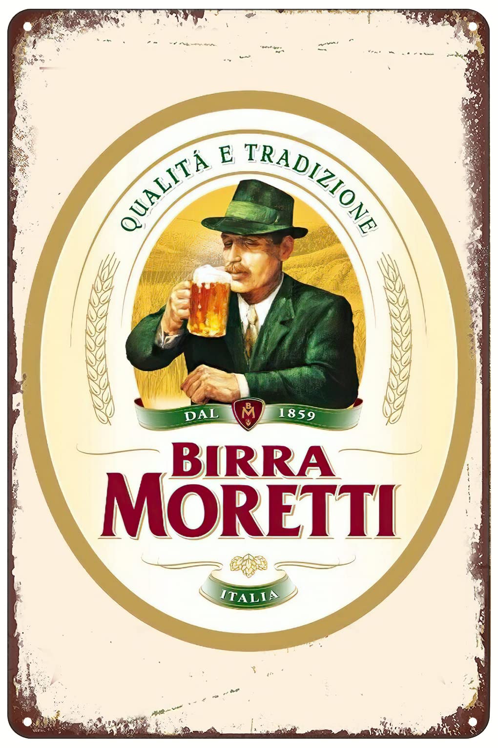 ALEXXO Vintage Metal Tin Sign - 1859 Qualita E Tradizione Birra Moretti Italian Italy Beer Exterior Poster Sign Wall Art Plaque Decor for Home Bar Pub Cafe Club 8x12 inch