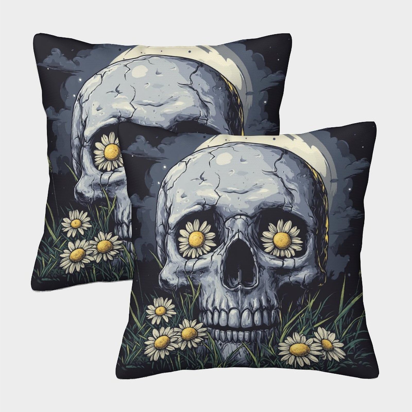 kaiyun 2 Pack Gray Skull-Yellow Daisy 3D Cushion Cover Pillow Cover Sofa Outdoor Decoration Square 45x45cm