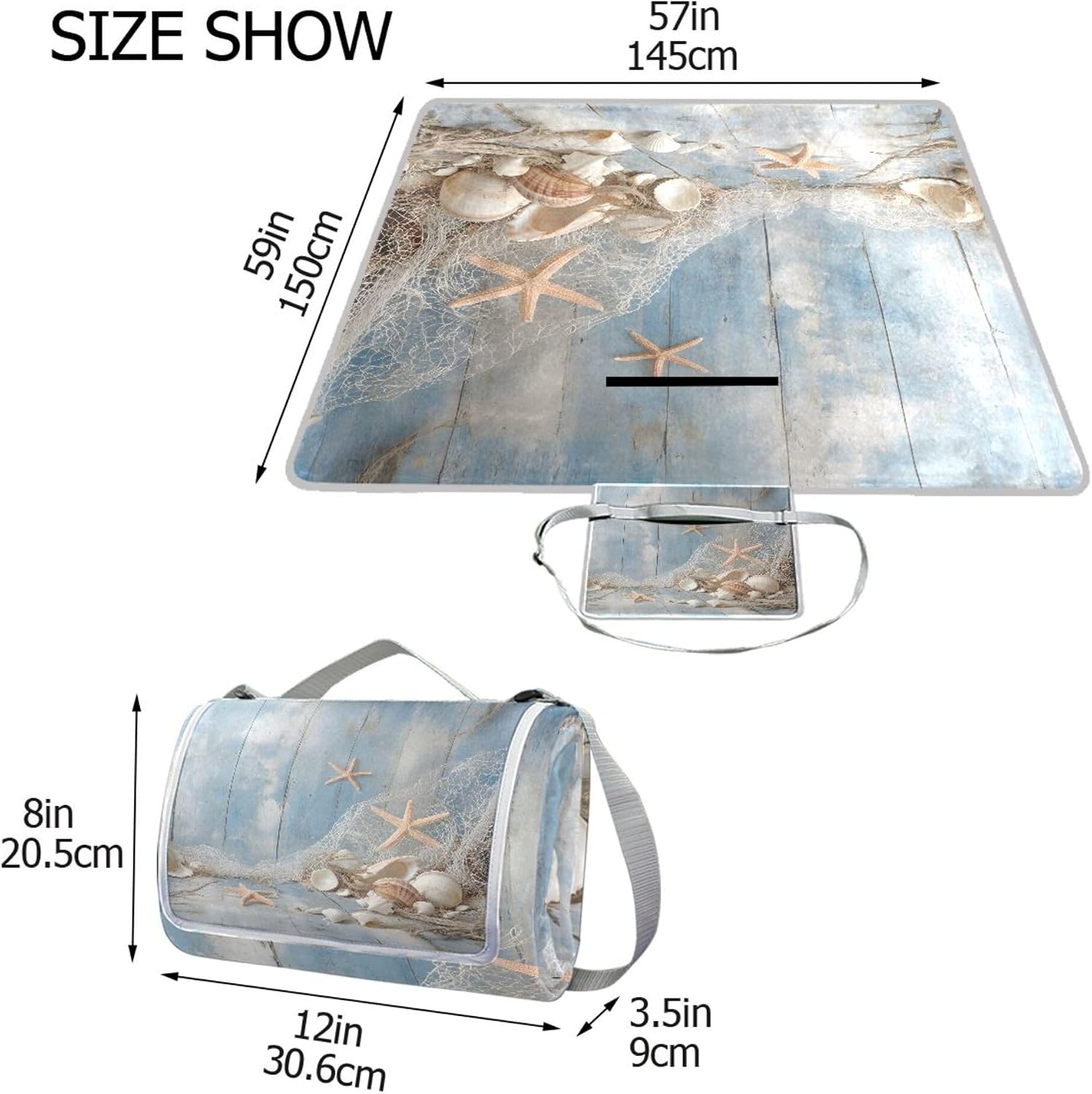 MNSRUU Picnic Blanket Waterproof Foldable, Starfish Seashells and Fish Large Outdoor Picnic Blanket Beach Blankets Camping Blanket Travel Mat, Shoulder Strap Tote, Rectangle 57x59in