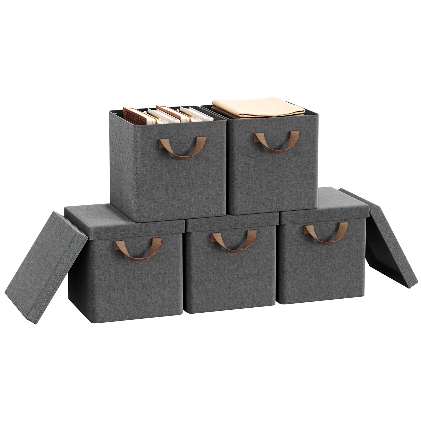 WOLTU Opbergdoos met deksel, 5 stuks, van polyester, voor slaapkamer, werkkamer, woonkamer, organizer doos met handgrepen, voor kleding, speelgoed, opvouwbaar, crème, 48 x 20 x 29 cm