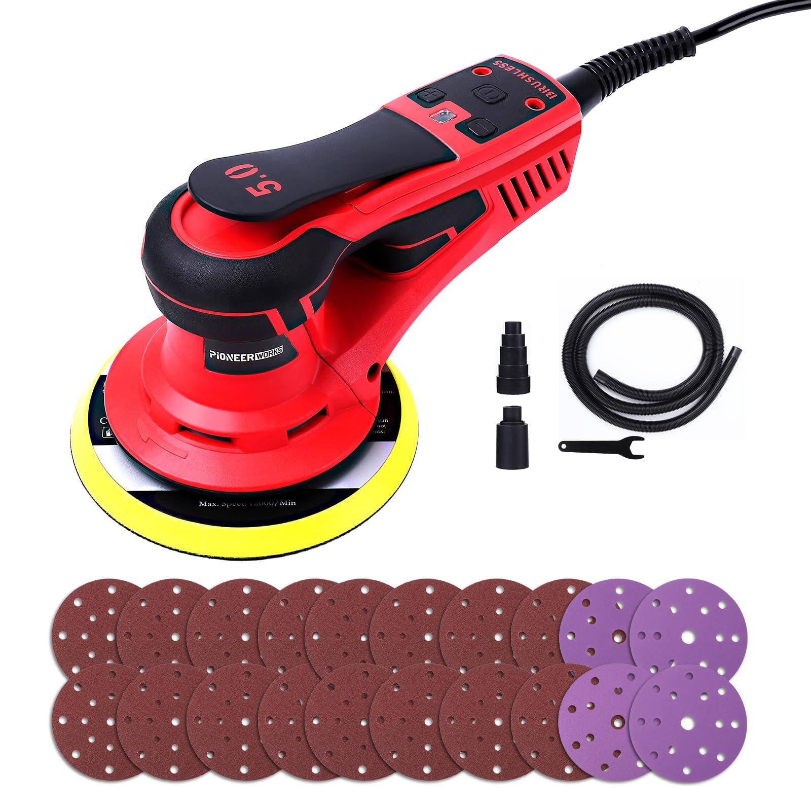 Lijadora Excéntrica 5.0 mm sin Escobillas PioneerWorks, 350W Lijadora Orbital 150mm, 4000-10000RPM, para Superficies de Madera, Incluye 12 Hojas de Papel de Lija
