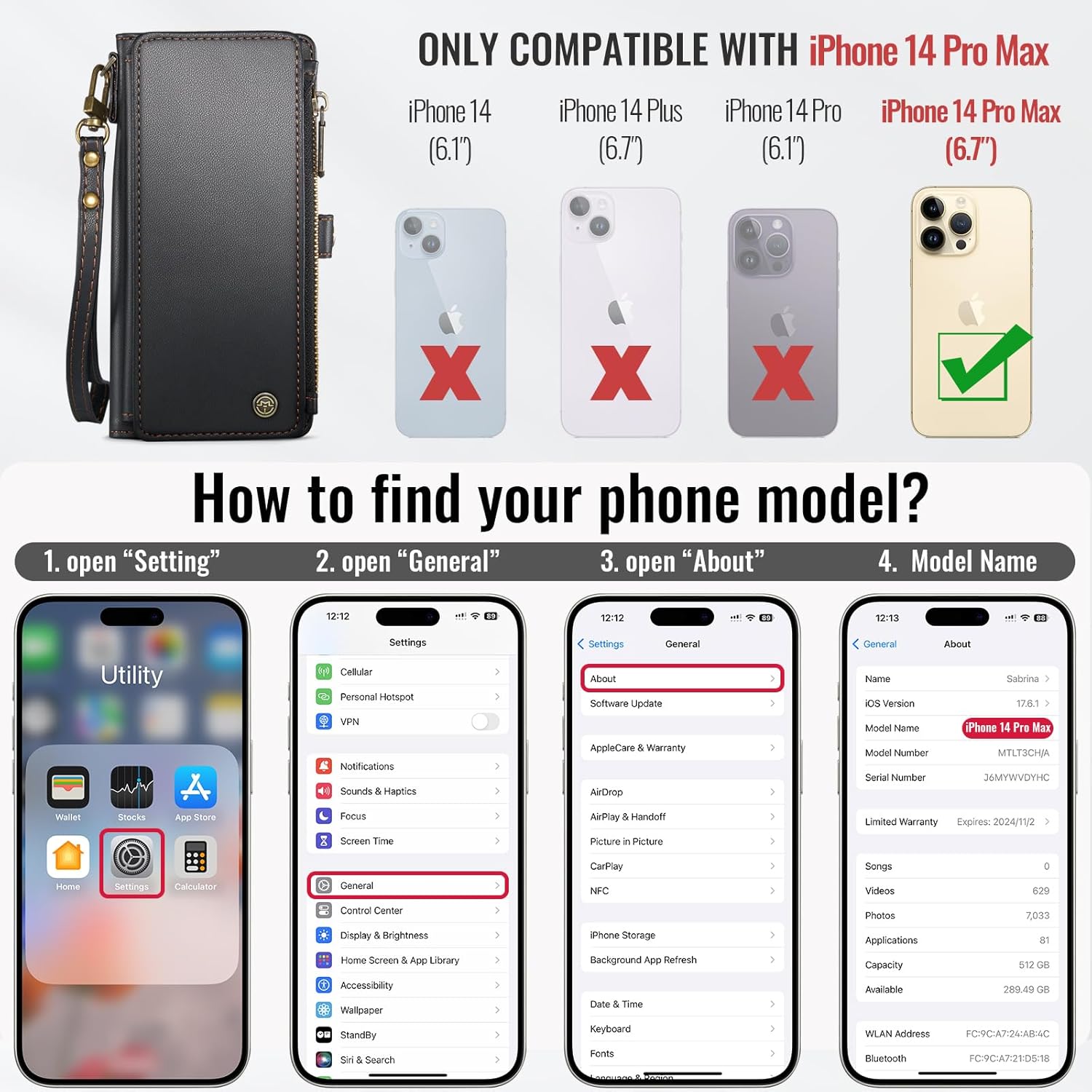 Defencase Compatible with iPhone 14 Pro Max Case Wallet with RFID Blocking Card Holder for Women Men, PU Leather Magnetic Snap Flip Zipper Strap Wallet Phone Case Fit for iPhone 14 Pro Max 6.7", Black