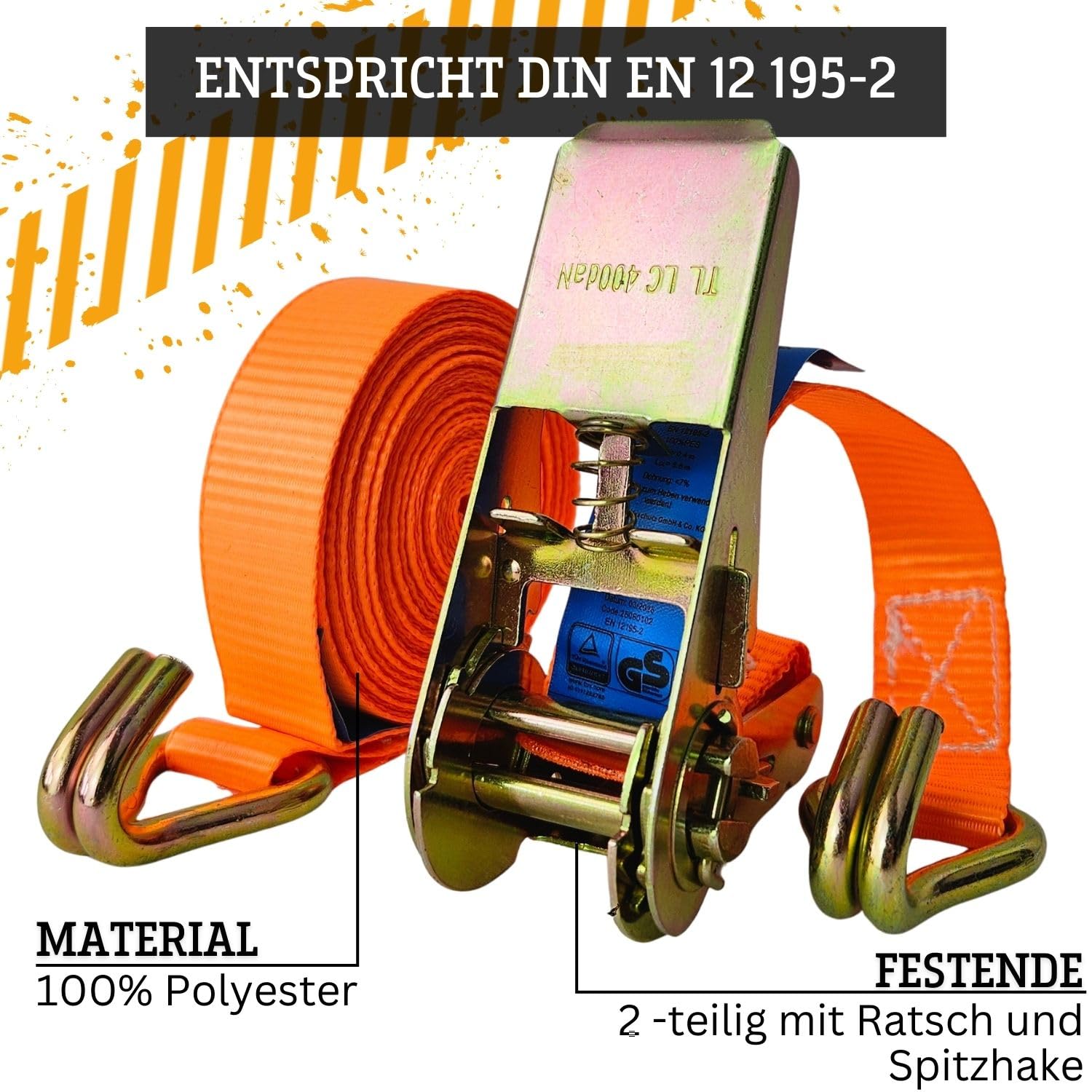 Safetytex Spanngurt mit Ratsche 2teilig - Ratschengurt 800kg - 6m x 25mm - Zurrgurt zweiteilig mit Haken und Ratsche 800 dan - perfekt für die Ladungssicherung (20 Stück)