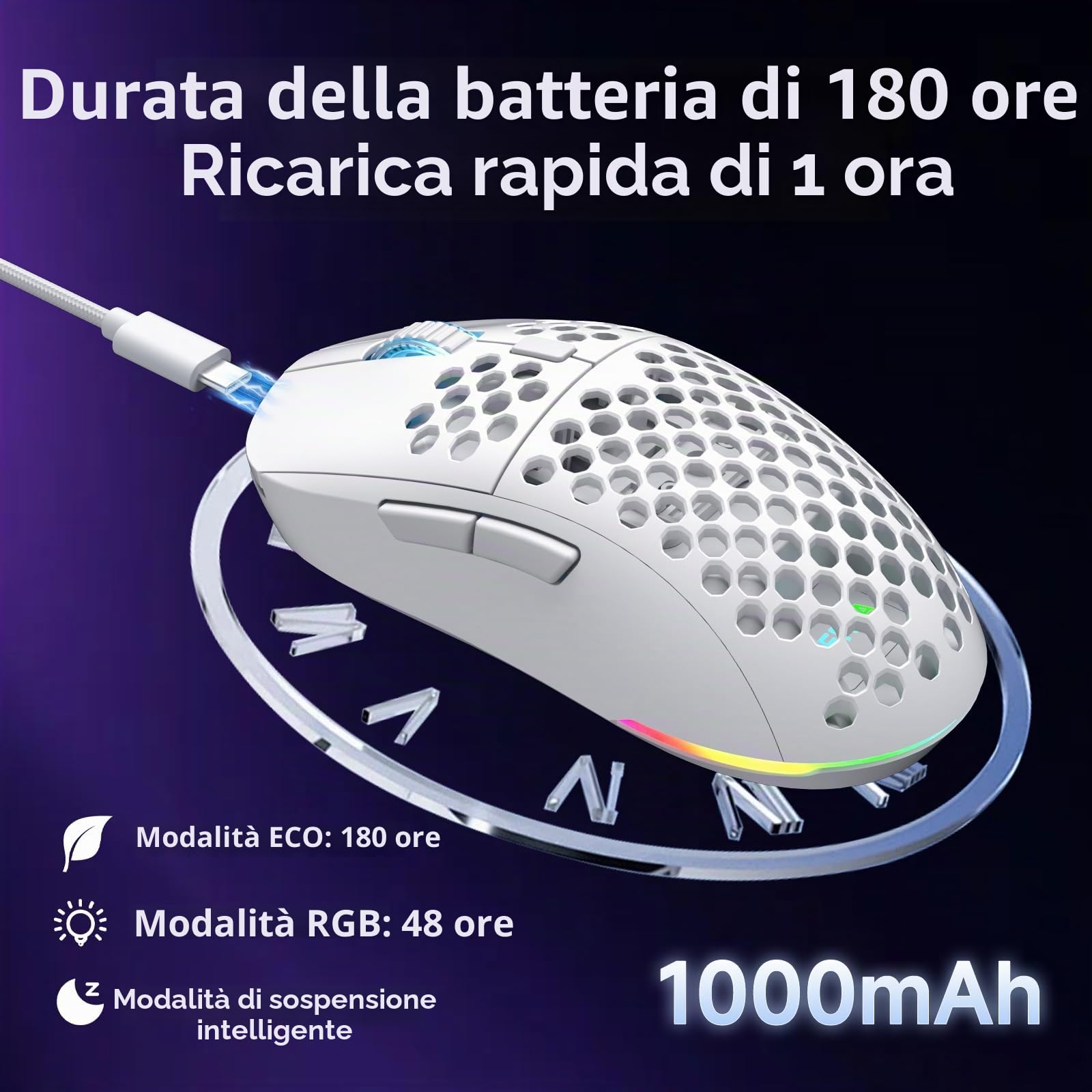 Dierya x TMKB M1 Mouse Wireless Gaming, Sensore Ottico 24,000 DPI, 90 g Leggero, 6 Pulsanti Programmabili, Illuminazione RGB, 2.4GHz/Bluetooth/USB-C mouse con filo/senza fili, Bianco