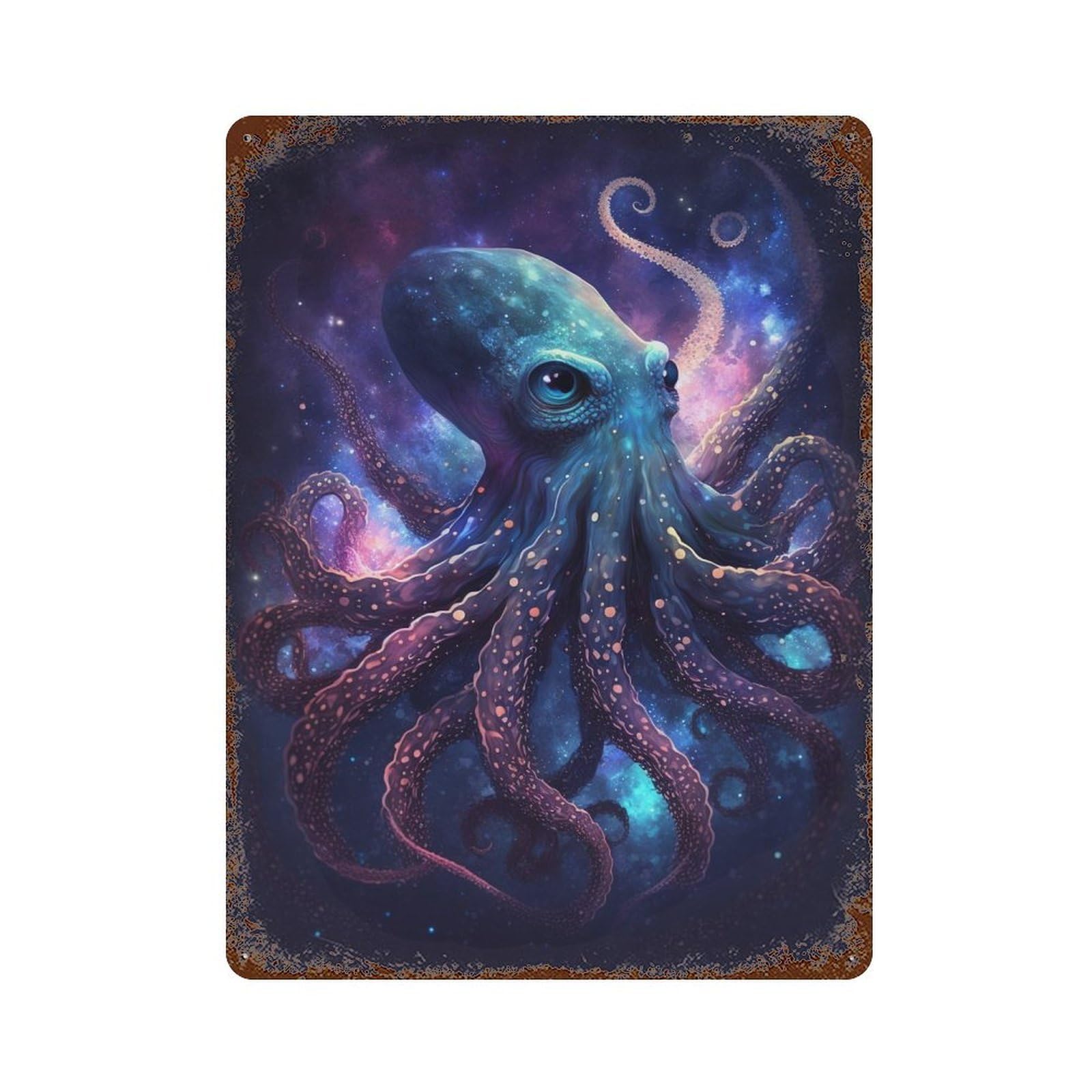 Galactic Octopus Art Print-7 Rust Effect Tin Sign 15.7"x11.8", Farmhouse Wall Decor for Living Room, Hallway And Home Decor