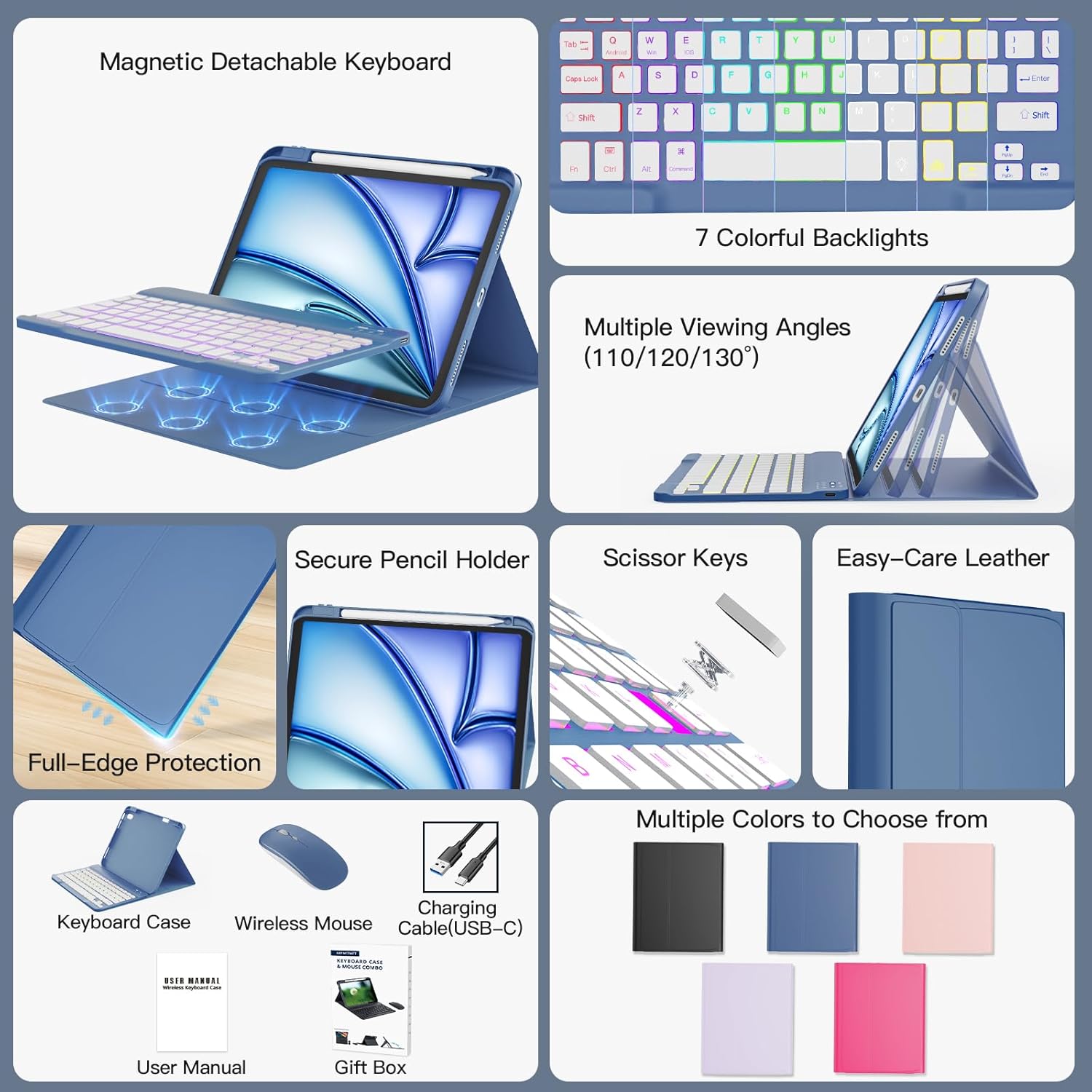 RAYMCRAFT for iPad Air 11-inch Case with Keyboard M4/M3/M2 (2026/2025/2024), Mouse and Detachable Wireless Keyboard Combo for iPad Air 5th/4th 10.9-inch, 7-Color Backlit with Pencil Holder, Steel Blue