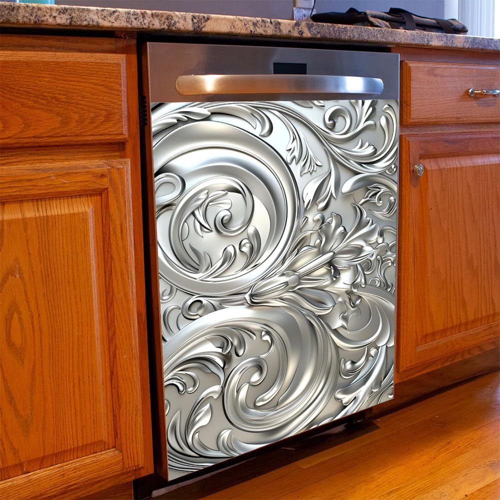 Grey Metal Silver Flower Pattern Magnetic Dishwasher Cover Sheet Polishing Dishwasher Skin Decor Silver Texture Magnet Rerigerator Kitchen Panel Decal Sticker (Metal Silver Flower 9, 23x26inchs)