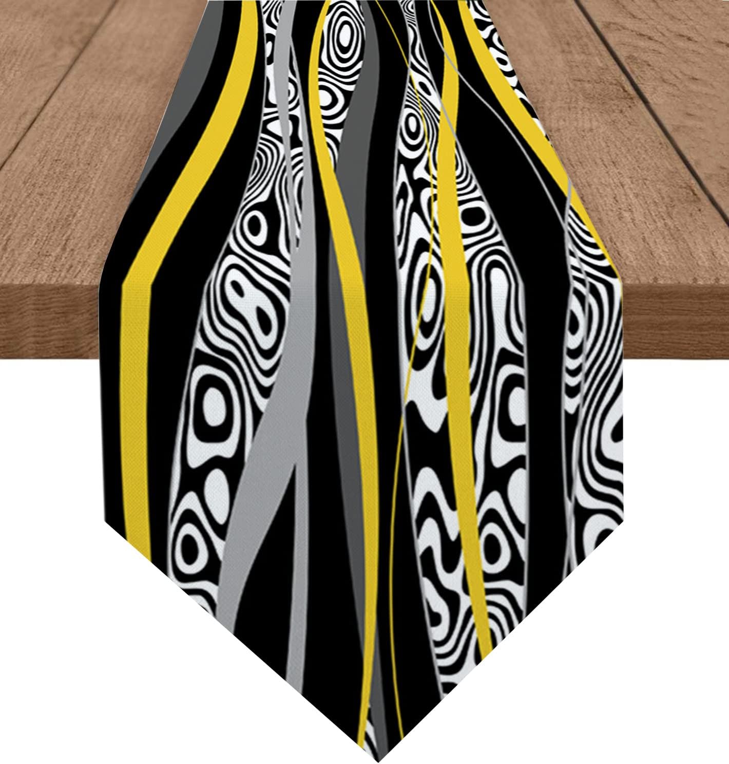 Table Runner 16x72inch Yellow Black Grey Abstrasct Wavy